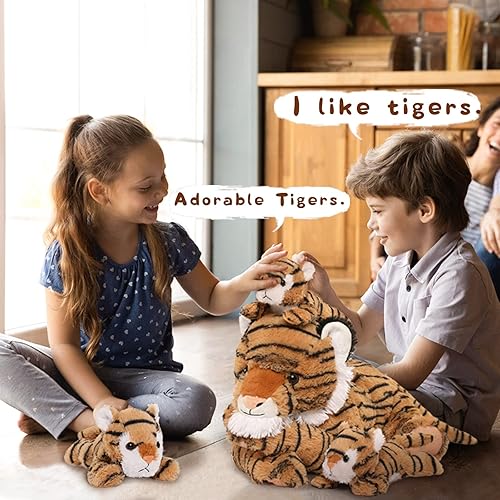 Miniatura 3 de MaoGoLan Animales de peluche grandes de tigre para niños peluche de mamá tigre con 3 tigres pequeños 4 animales de peluche a granel para colección