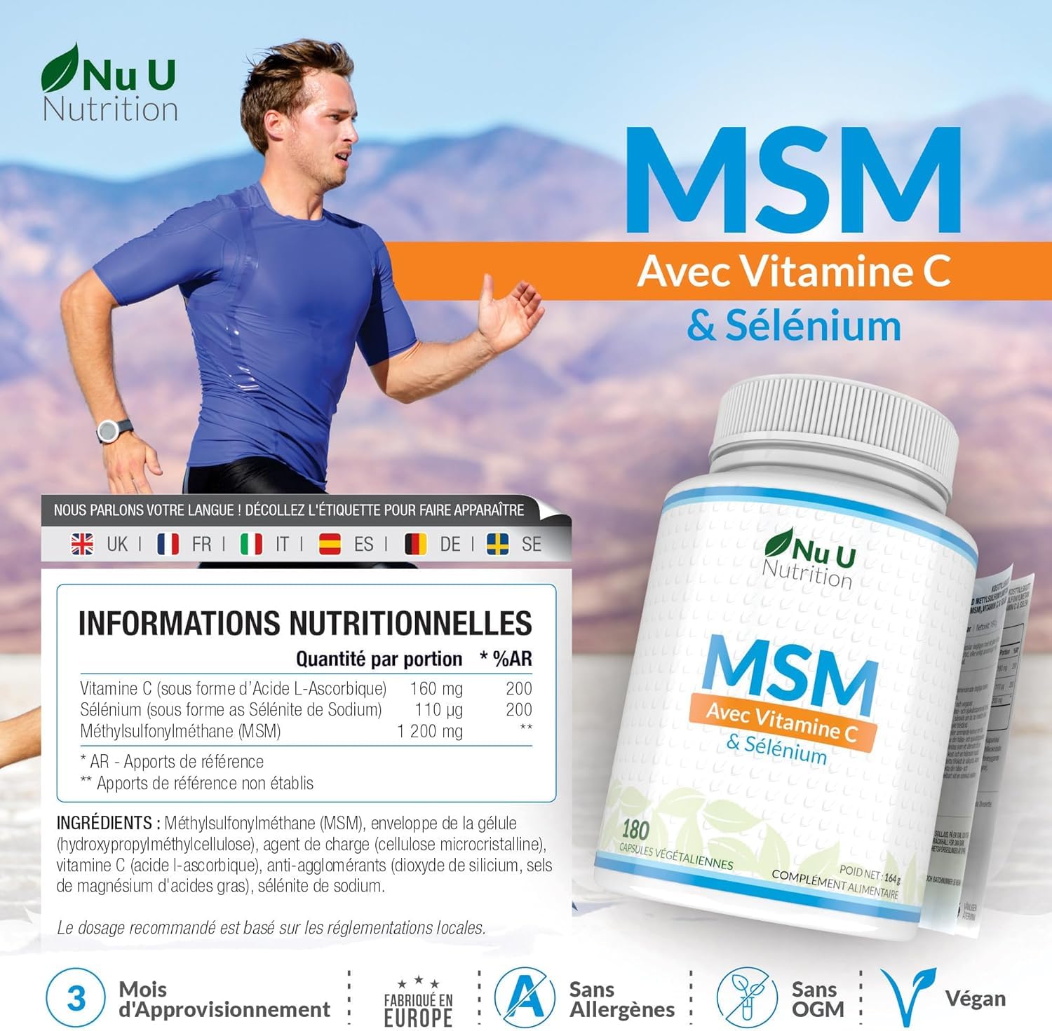 MSM avec Vitamine C et Sélénium - 180 Gélules Vegan - Méthylsulfonilméthane Haute Puissance - Fabriqué en Europe - Nu U Nutrition