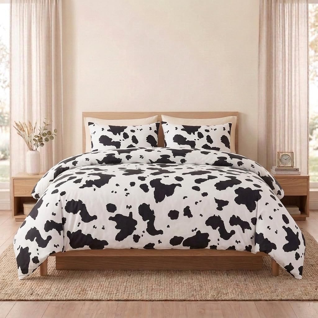 100% Cotton Duvet Cover Queen Size, Black and White Cow Print Bedding Set with Zipper Closure, Farmhouse Soft Breathable Comforter Cover with 2 Pillowcases for All Seasons