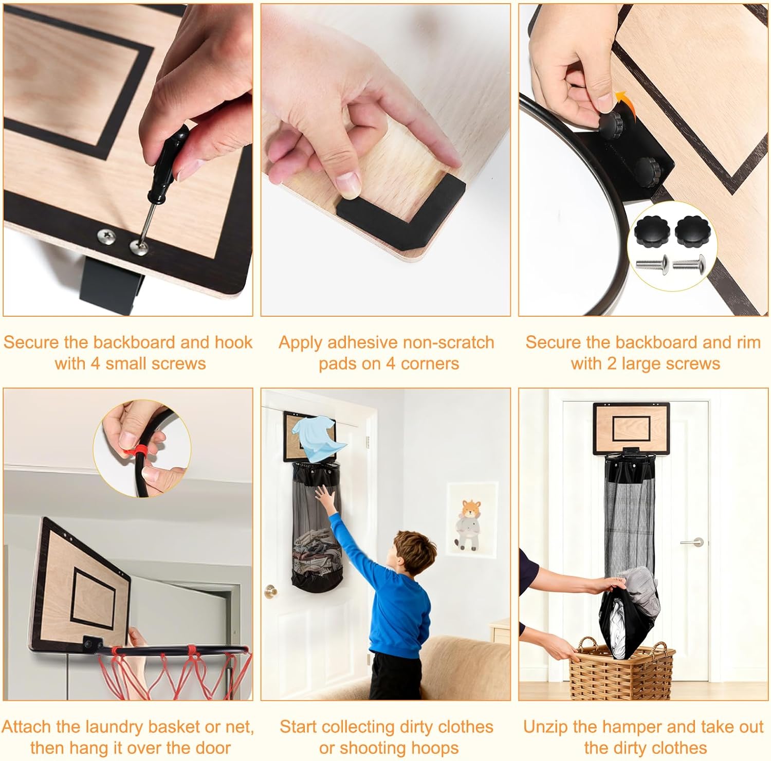 Over the Door Basketball Laundry Basket, 2-in-1 Wooden Basketball Hoop Laundry Hamper, Space Saving Hanging Organizer for Kids, Dirty Clothes Storage with Zipper for Kids Room, Dorm, Bedroom, Bathroom