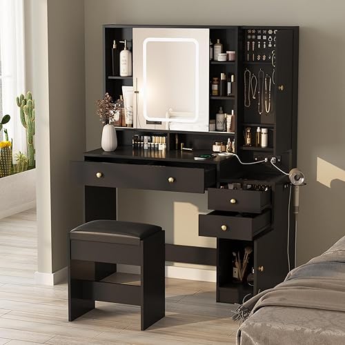 Miniatura 8 de J3L195 - Escritorio de tocador con espejo y luces, mesa de tocador de maquillaje con luces y estación de carga y puerta corredera, tocador superior