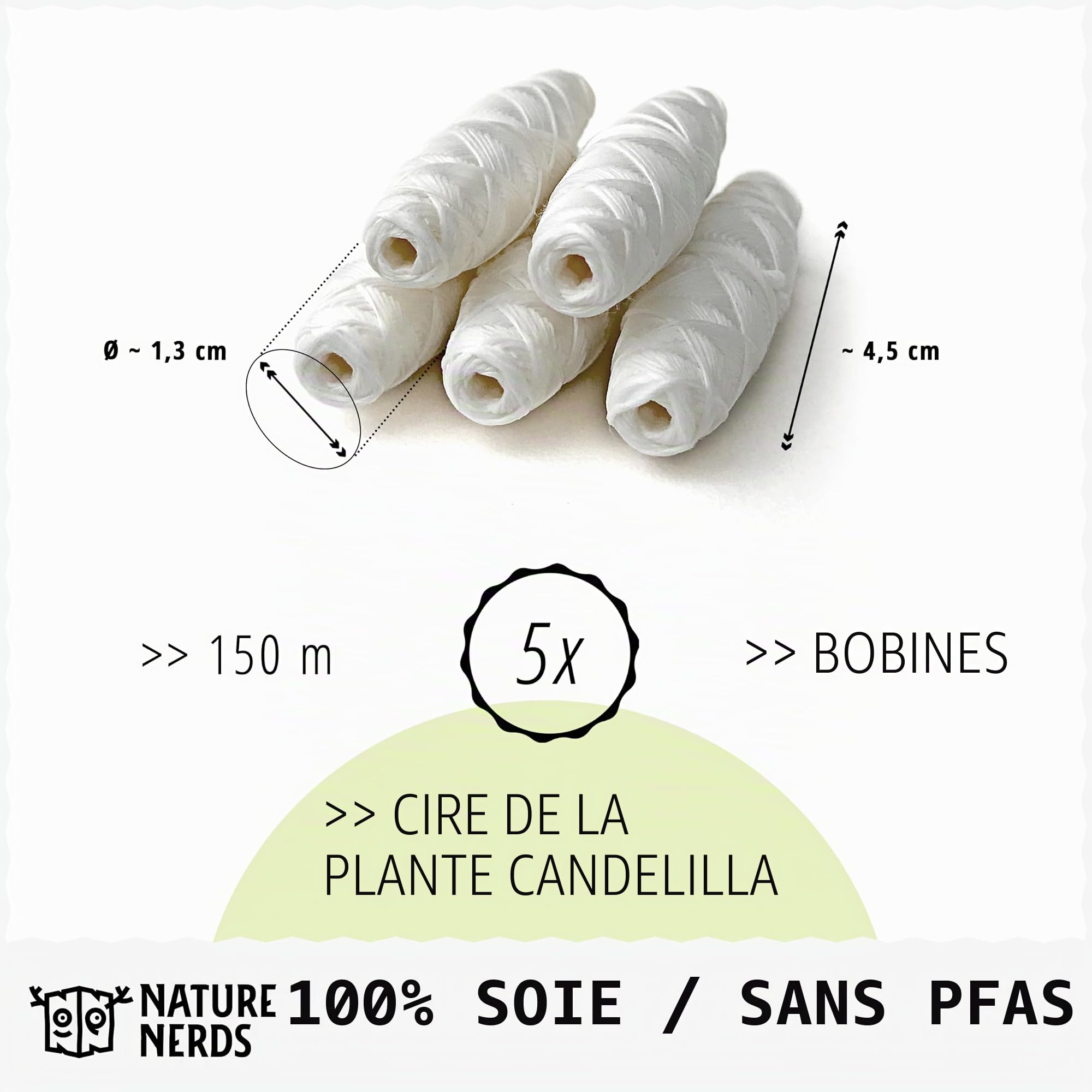 Nature Nerds - Pack de recharge : Fil dentaire naturel, 5 bobines, 150 m | Ciré à la cire de candelilla, sans PFAS, sans goût, sans huiles essentielles, sans fluor, recharge, emballage sans plastique