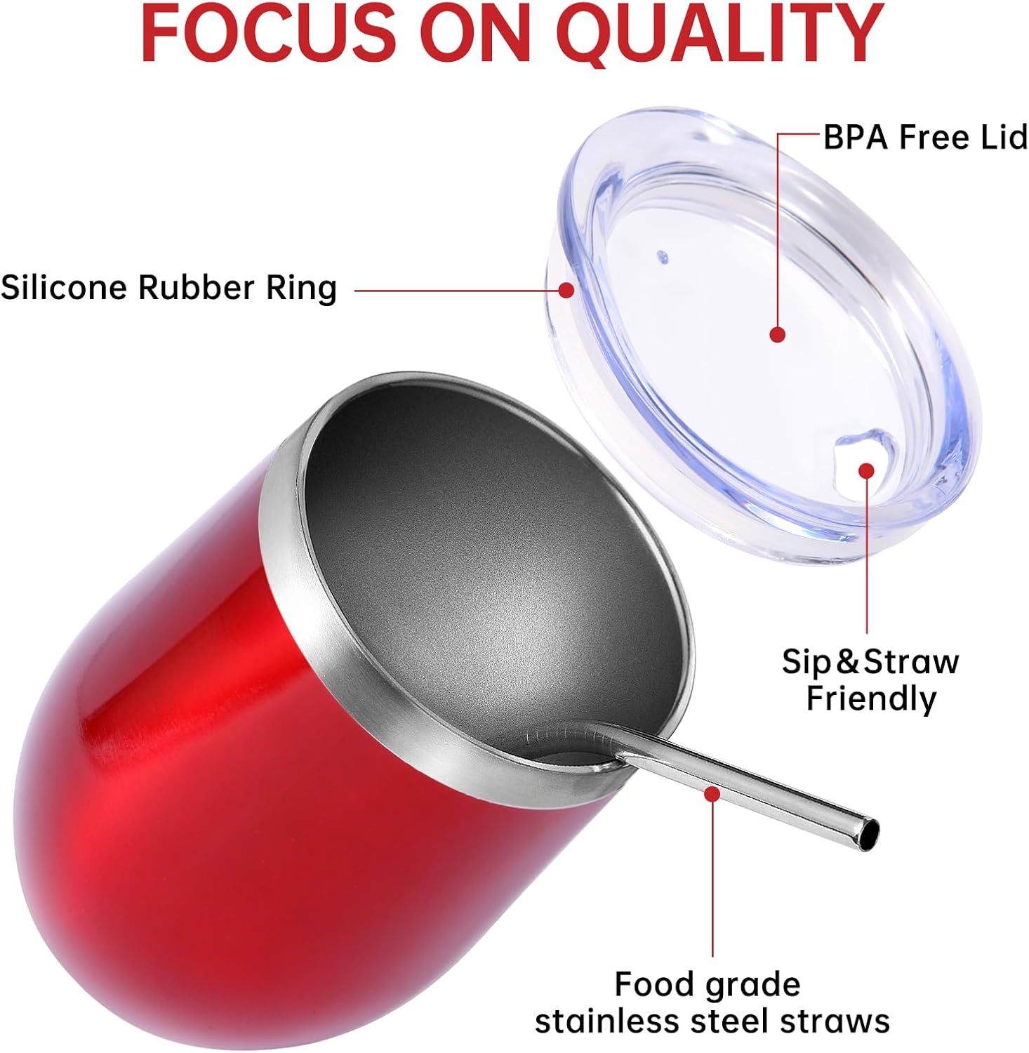 Volhoply 12oz Stainless Steel Wine Tumbler with Lid and Straw,Double Wall Vacuum Insulated Stemless Wine Glasses,Reusable Travel Coffee Mug for Cold Drinks,Small Tumblers Gifts for Her Him(Red,1 Set) - Image 4