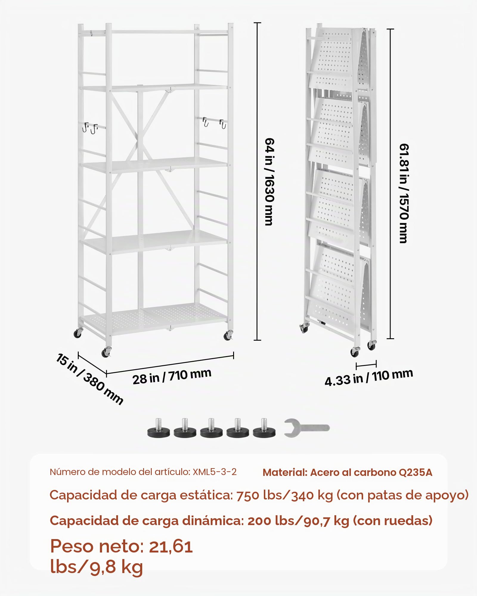 VEVOR Estante de Almacenamiento Plegable de 5 Niveles con Ruedas 71 x 38 x 163 cm Estantería Metálica Móvil Resistente, sin Necesidad de Ensamblaje, Organizador para Garaje, Cocina, Sótano, Blanco