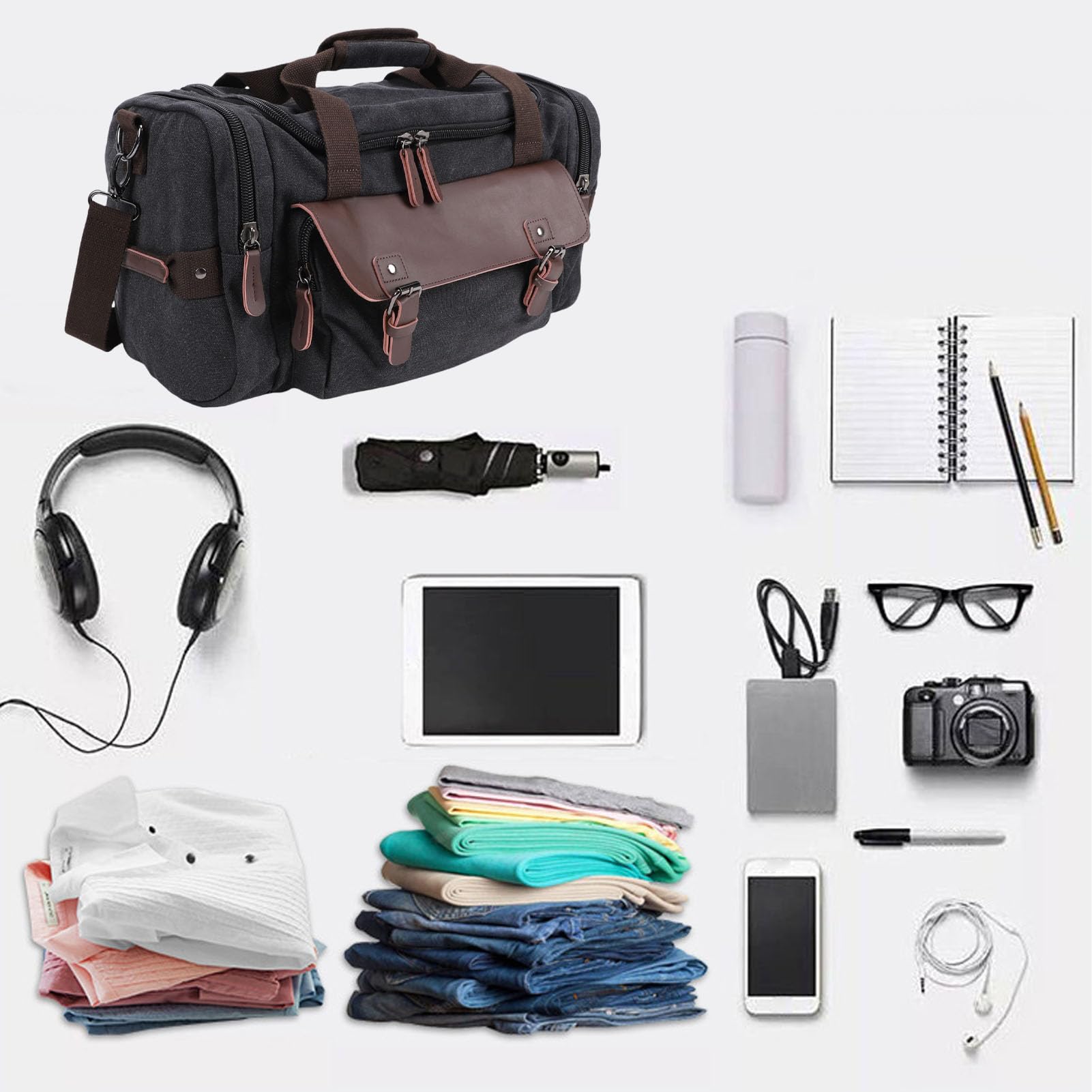 Borsa da viaggio in tela impermeabile con grande capacità per brevi viaggi di lavoro, tre modalità di trasporto, per il pendolare degli studenti, Nero , casual