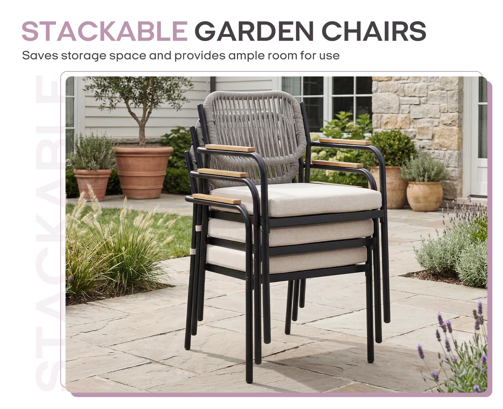 Ya-Home Gartenstühle 4er Set wetterfest, Terrassenstühle, Gartensessel Outdoor Loungesessel mit 8 cm Sitzkissen, witterungsbeständig, Balkonstühle Metall für Garten, Terrasse & Balkon, Beige