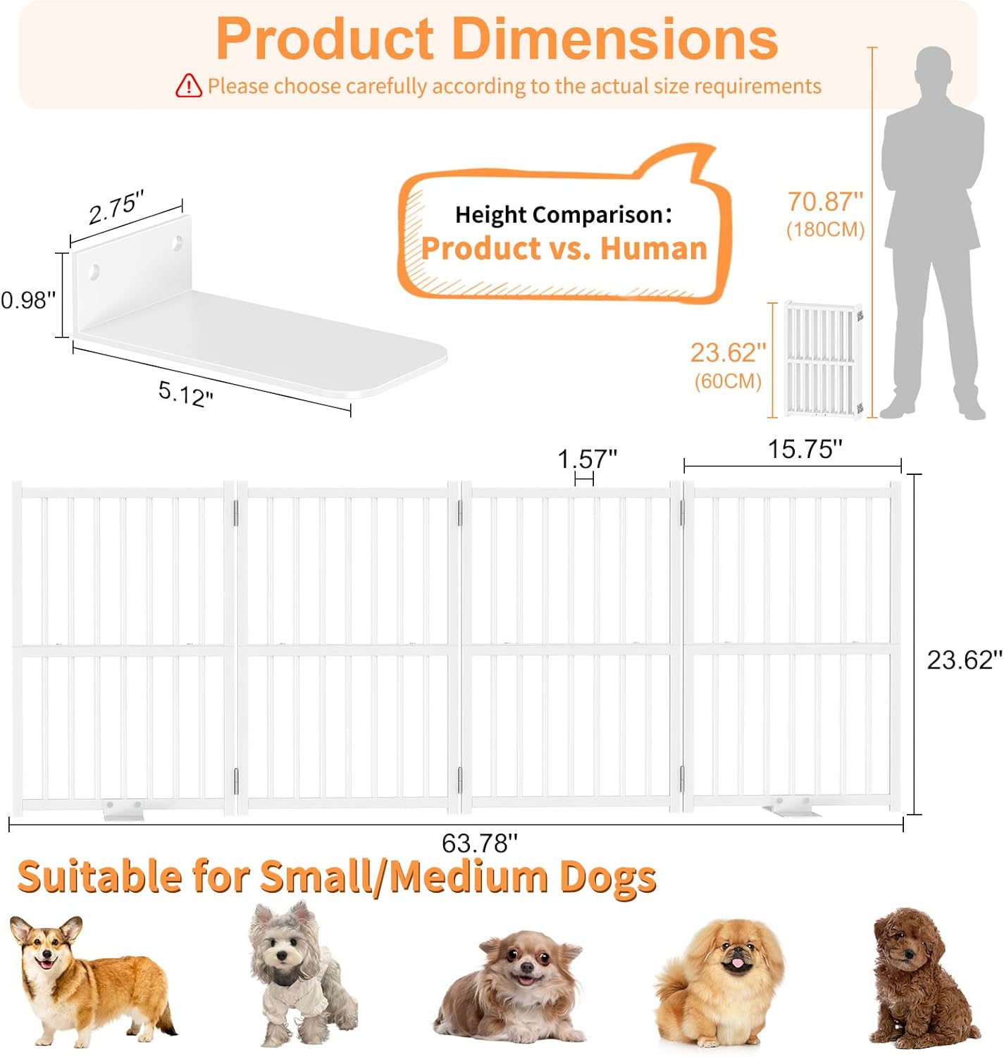Snughome Dog Gate Indoor, 23.62" H Freestanding Short Dog Door Gates with Support Feet, Expands Up to 63.78’’ Wide Foldable Pet Gates for Doorways, 4 Panel Folding Pet Door Pet Fence for Puppy, White