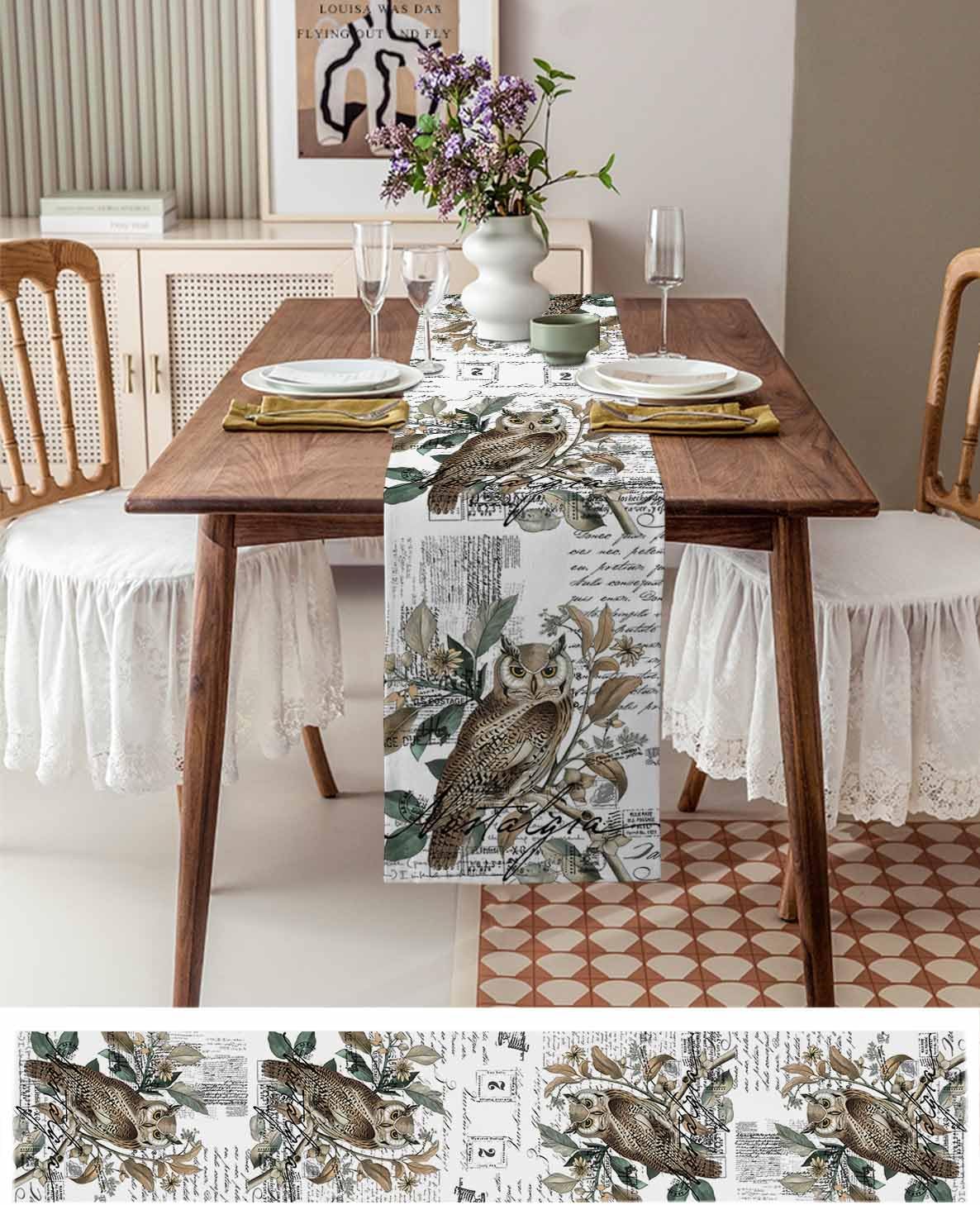 Farmhouse Owl Cotton Linen Rectangle Table Runners 13"x108", Country Envelope Postmark Botancial Coffee Table Runner Dresser Scarves Luxury Table Runners for Wedding Party Banquet Dinner