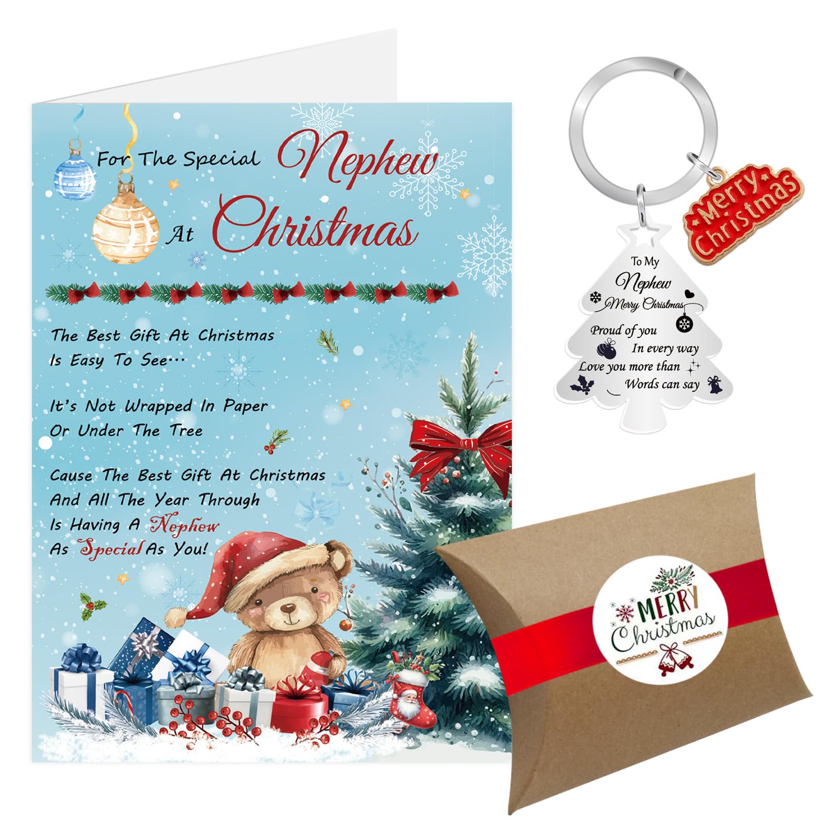 Nephew Christmas Card, Christmas Card Xmas Card for Nephew, Luxury Merry Christmas Cards Keyring Gifts for Boys with Gift Box Envelope (Nephew)