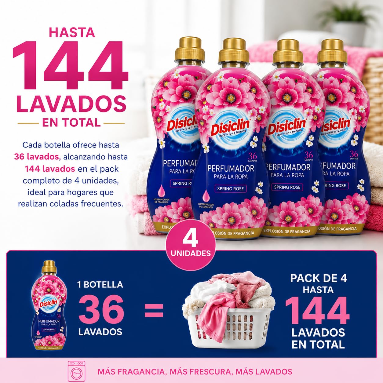 Disclin Perfumador para la Ropa Spring Rose 720 ml | Pack de 12 Unidades | Aditivo Líquido para Lavadora | Intensificador de Fragancia con Microperlas | Aroma Fresco y Duradero | RASMACOR