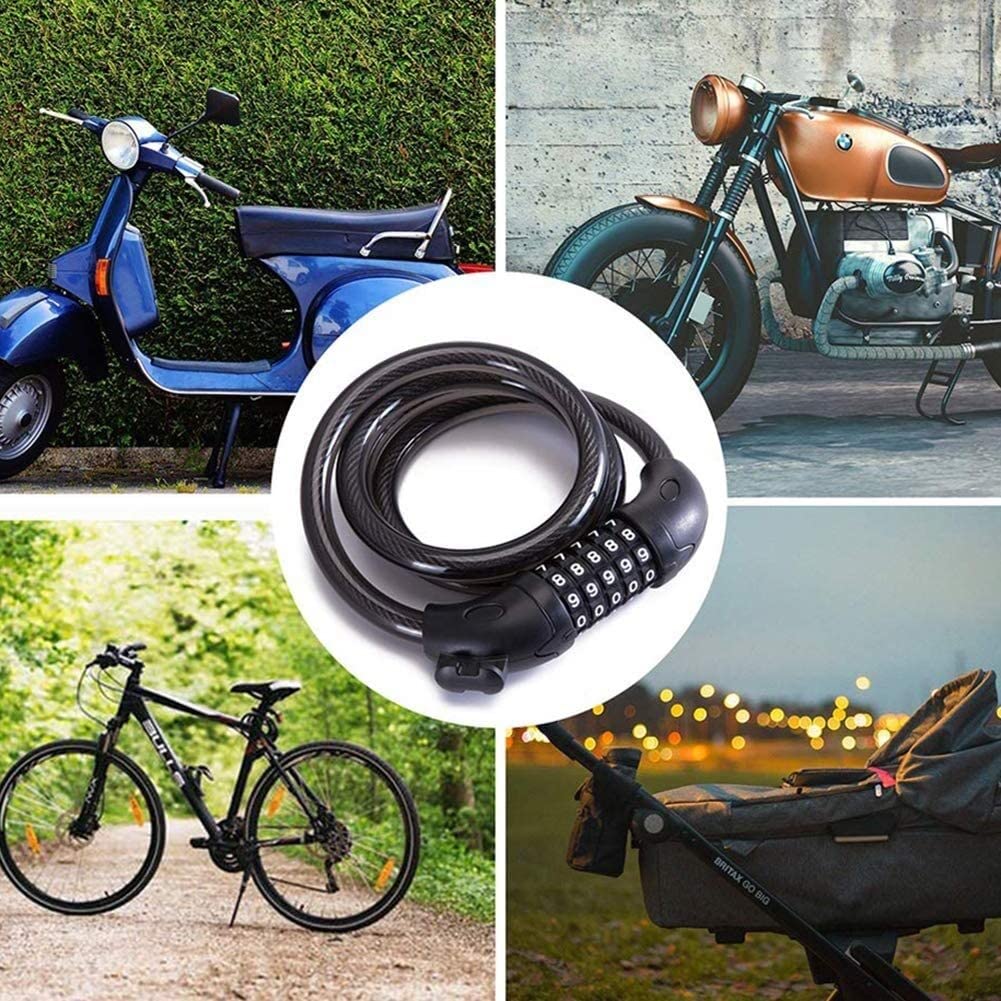 Lucchetto con Cavo in Acciaio per Bici, antifurto ad Alta Sicurezza, con Combinazione a 5 cifre, per Moto, Bicicletta, Porta, Lucchetto per Bicicletta (Nero, 1,2 m)