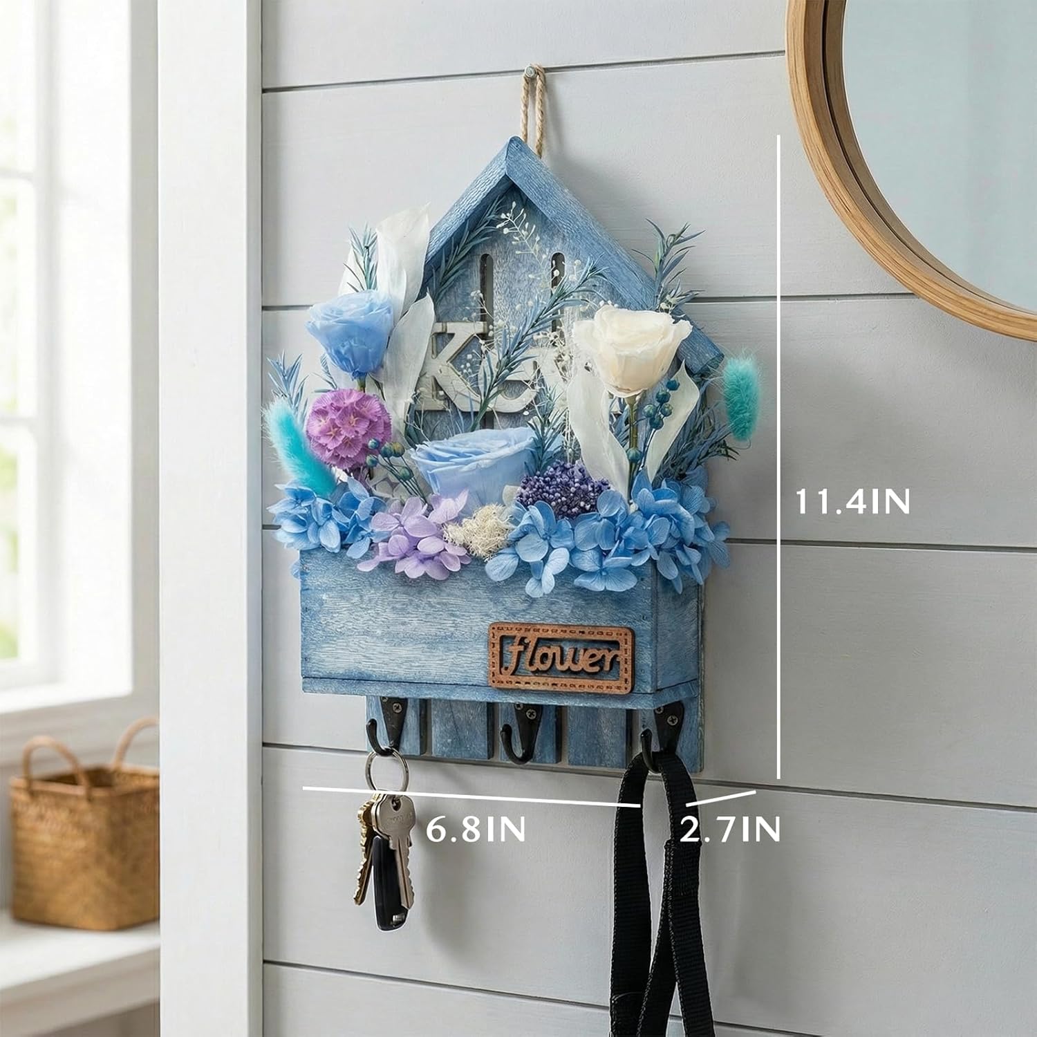 Key Holder Wall Mount with Preserved Blue Roses, Unique Wall Hooks for Home Decor, Forever Flowers Key Hook for Housewarming Gifts, Birthday Gifts for Women, Mom, Best Friend, Room Decor (Blue)