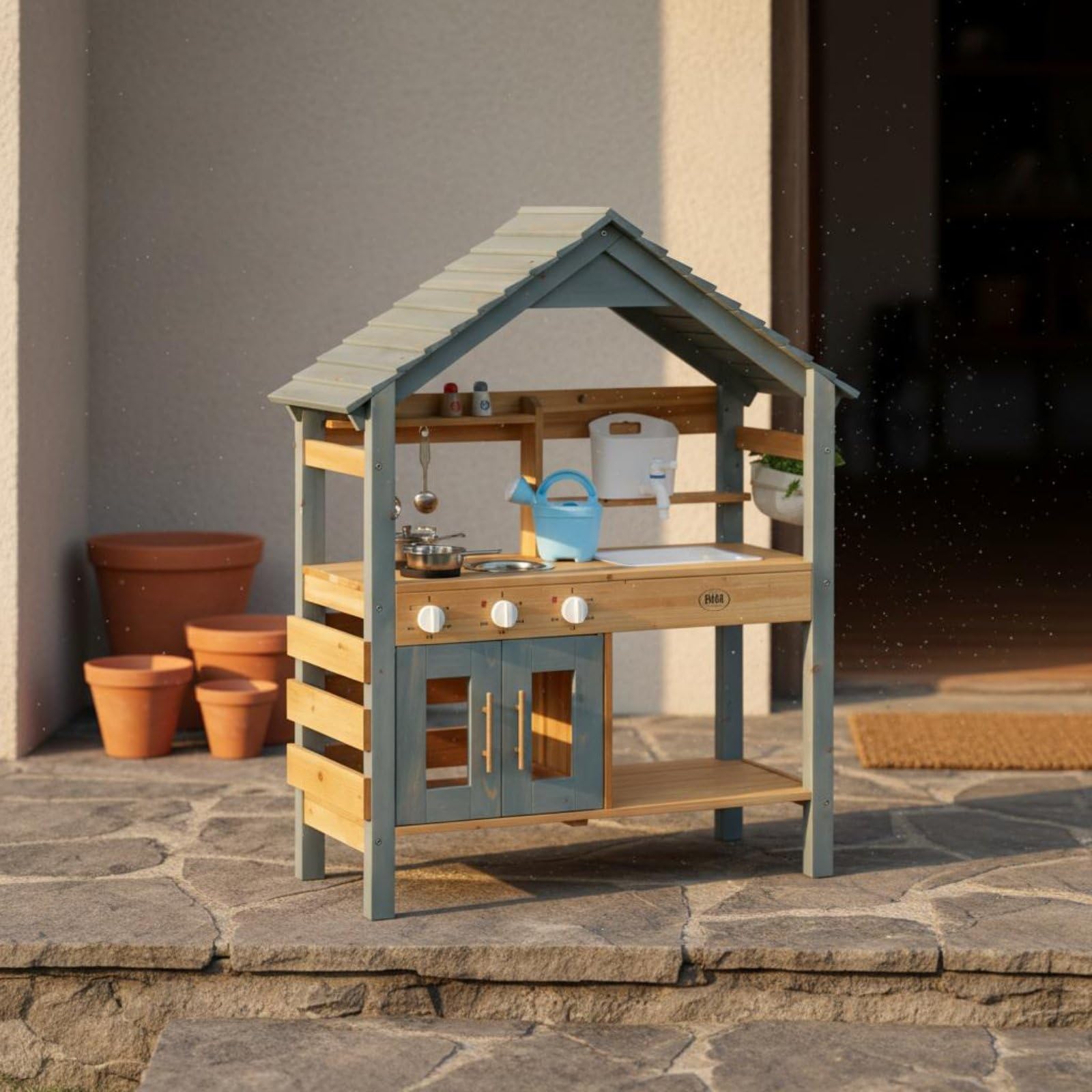Cucina Giocattolo per Bambini Cucina Giocattolo Cucina in Legno Cucina Finta Banco Gioco con Lavello Appendini Scomparti Effetti per Attività Creative Allaperto in Giardino Cortile