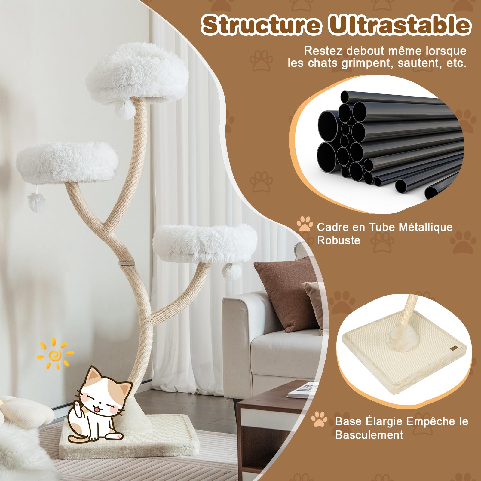 GOPLUS Arbre a Chat Moderne Hauteur 178 CM, Design Incurvé, Arbre à Chat avec Griffoirs et Planche en Sisal, 3 Perchoirs Chauds à 3 Niveaux, 3 Balles, Cadre en Métal, Idéal pour d'Intérieur (Beige)