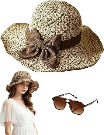 Sun Hat with Bow, Elegant Woven Straw Sun Hat with Bow, Breathable for Summer, Women Packable Beach Travel Bucket Hat