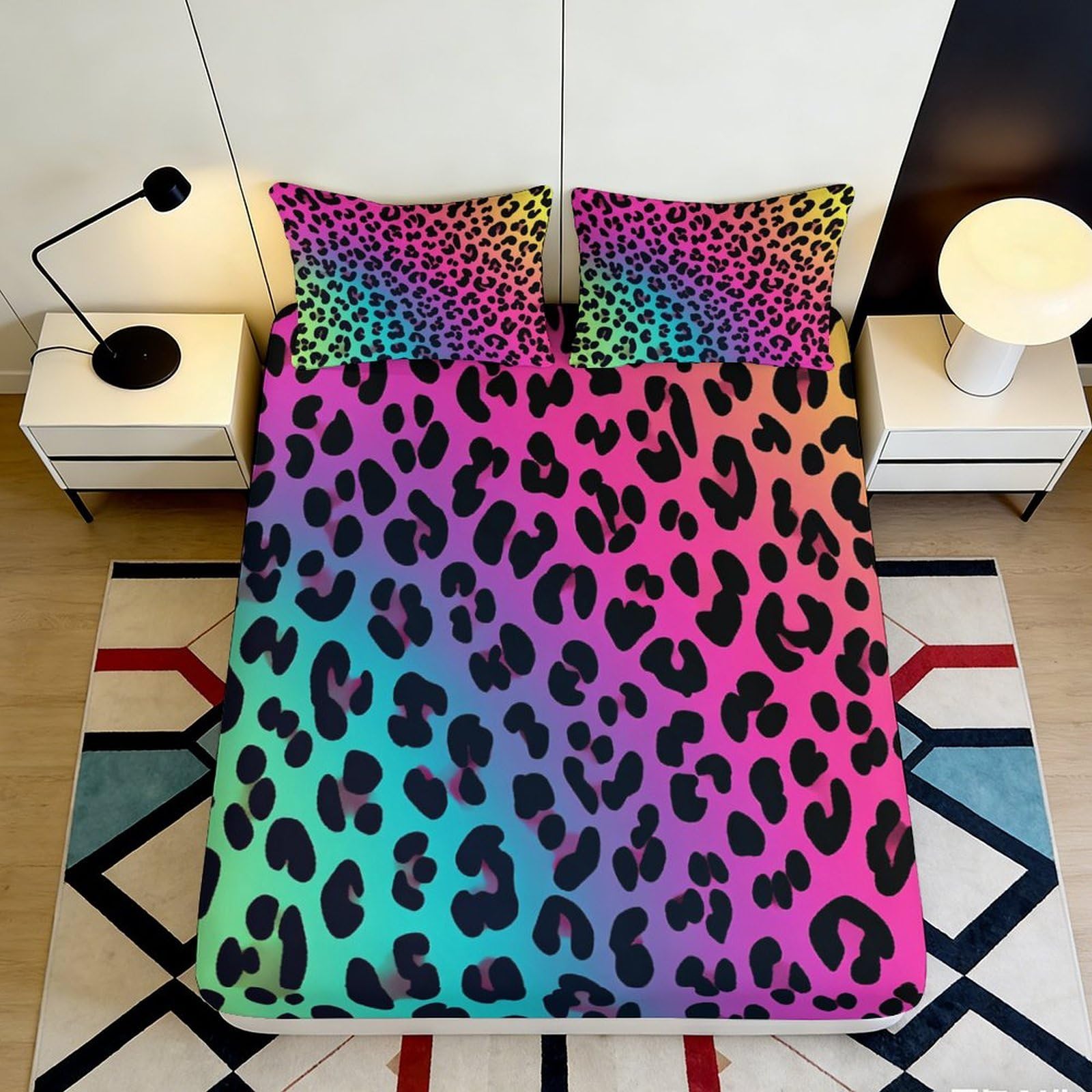 3D Printed Rainbow Leopard Fitted Sheet Microfiber Soft Bed Cover Gradient Pattern for Bedroom Dorm Mattress Protection Decor 90x200x25cm