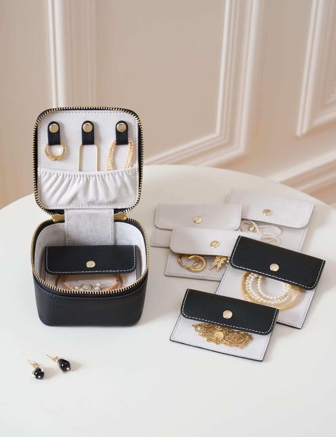 Popvibe Travel Jewelry Box Organizer Small Jewelry Case with 6 Jewelry Bags Mini Pouch, Portable Traveling Jewelry Case for Women, Black Leather Compact Jewelry Travel Necklace Case Holder - Image 2