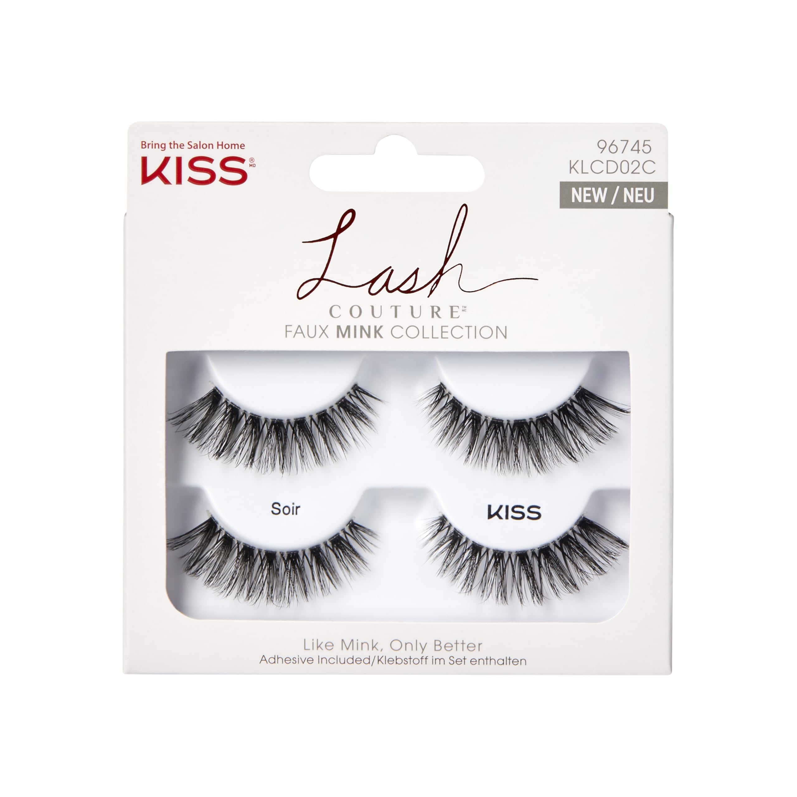 KISS Lash Couture Faux Mink Collection 2 Pairs of False Lashes, Soir, Ultrafine, Tapered, Synthetic Fake Lashes includes Lash Glue