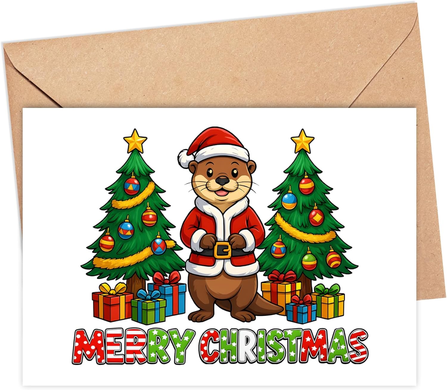 Otter Christmas Card 2025 - Cute Santa Costume Holiday Greeting With Festive Trees And Colorful Gifts - Seasonal Collectible For Friends Family