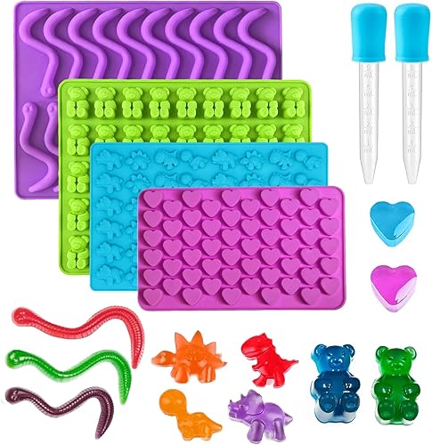 Moldes de goma para caramelos, molde de silicona para osodinosauriocorazonesgusano de gomita para niños con 2 cuentagotas, antiadherente y libre de