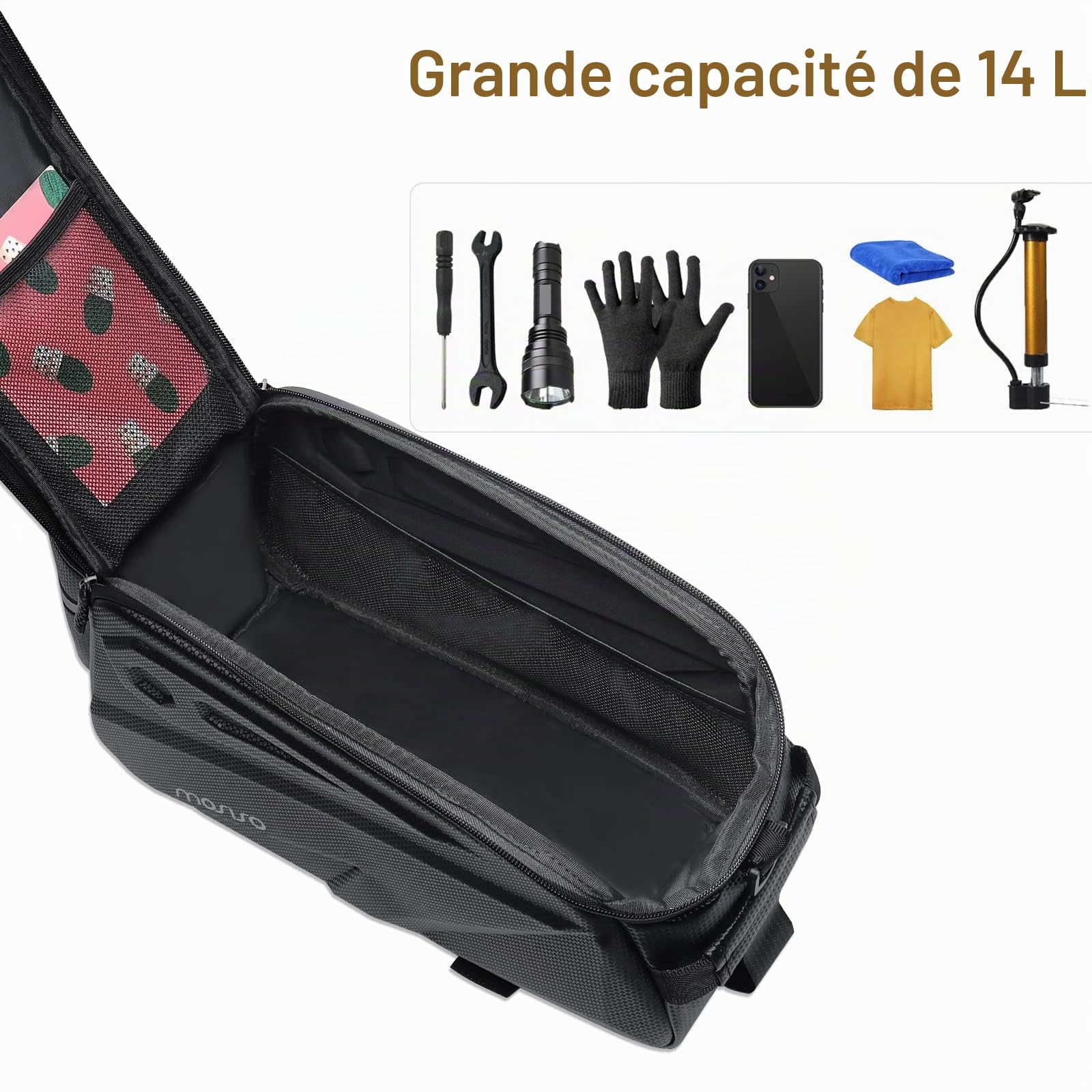 MOSISO Sac à Vélo Hydrofuge Arrière, 14L EVA pour VTT/Montagne, Sacoche Vélo Porte Bagage Arriere Sellette Main avec Bandoulière, Sac de Transport Vél,Noir