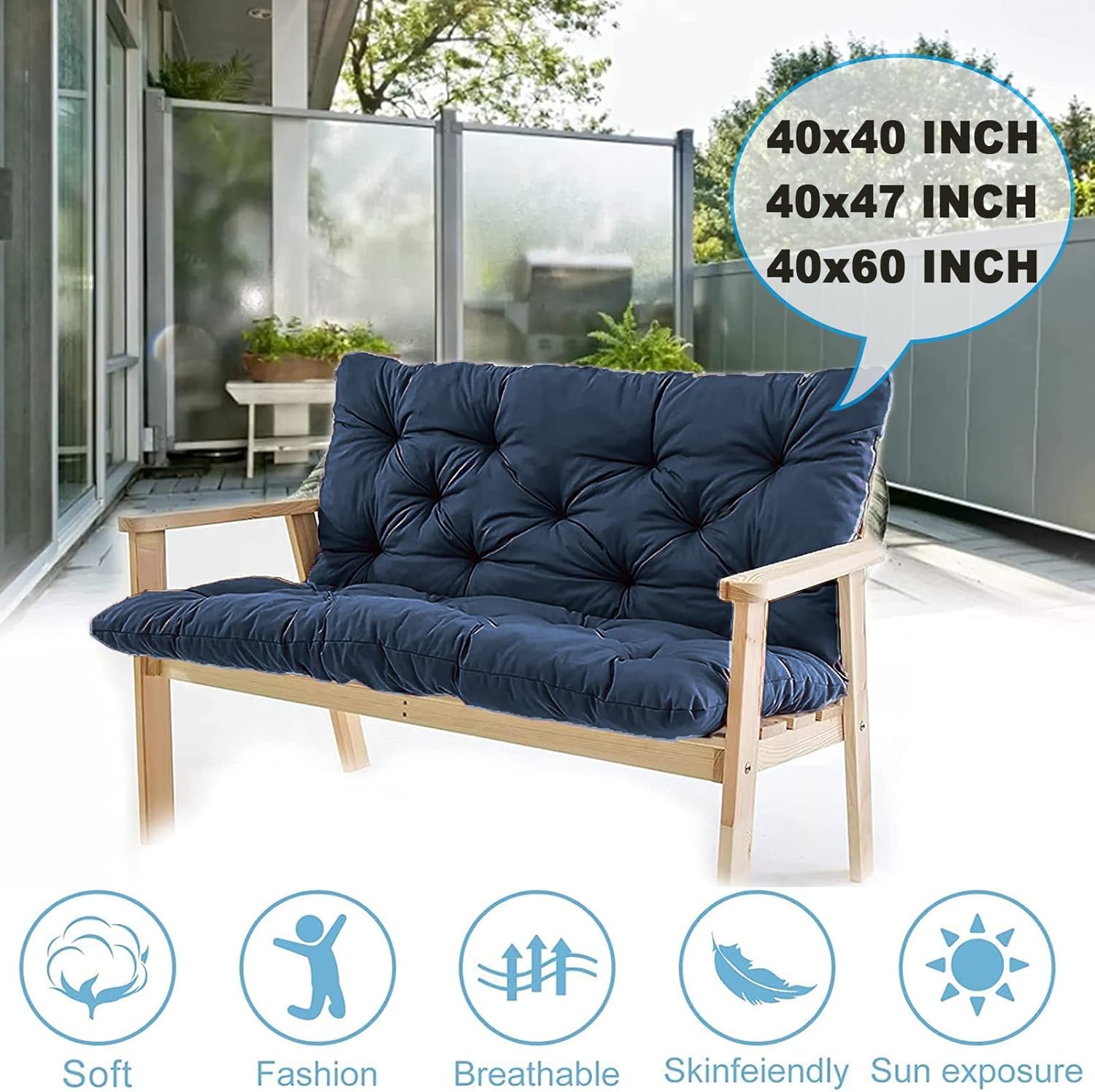 Porch Swing Cushions Bench Cushion 60 inch, Waterproof Glider Cushion for Outdoor Furniture with Backrest, 3 Seater Thickened Swing Cushions for Patio Furniture(Navy Blue 40x60 inch)