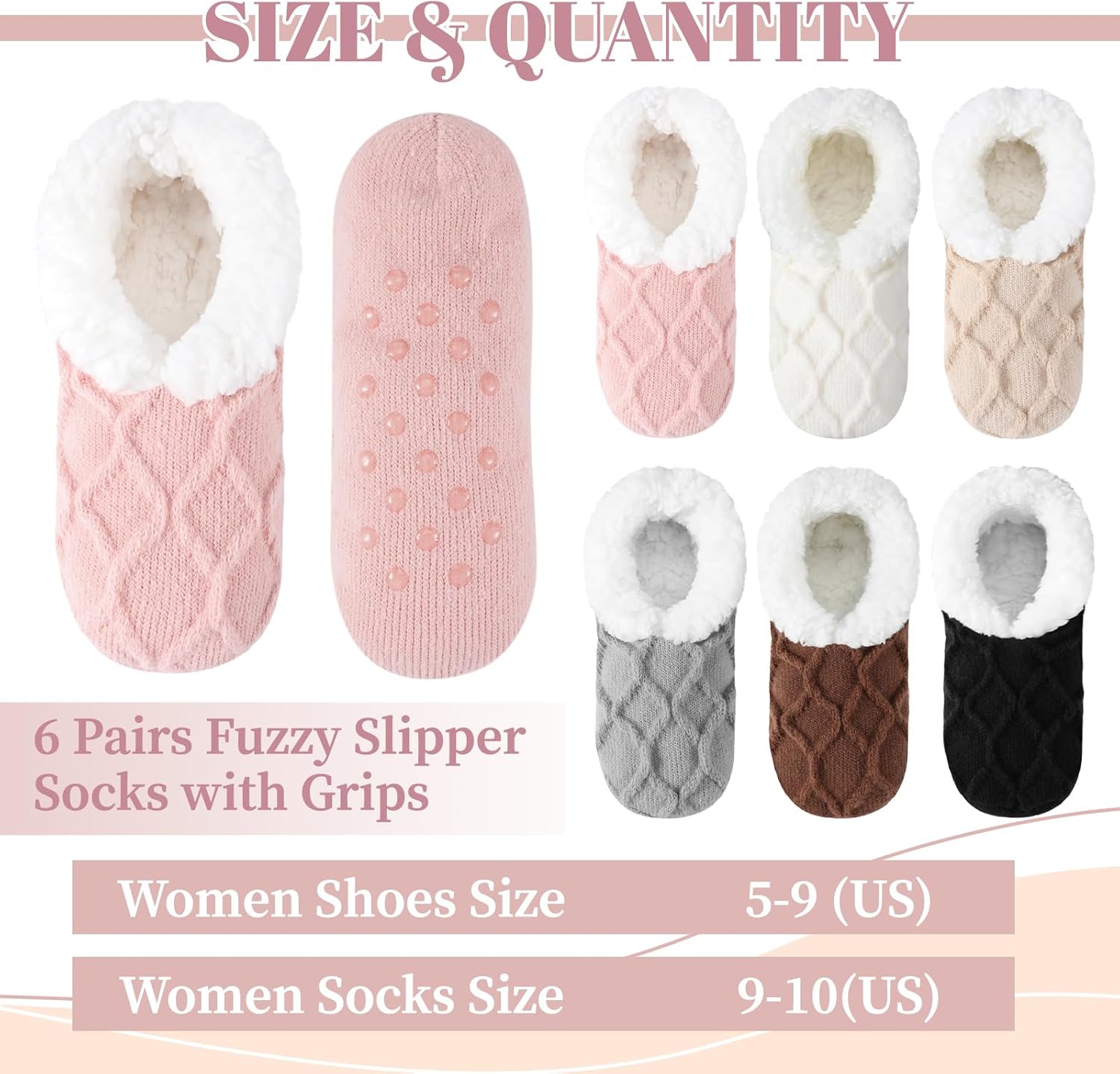 Toulite 6 Pairs Women Fuzzy Slipper Socks with Grippers Warm Sherpa Non Slip Sock for Valentines Gift Winter House Bedroom - Image 3