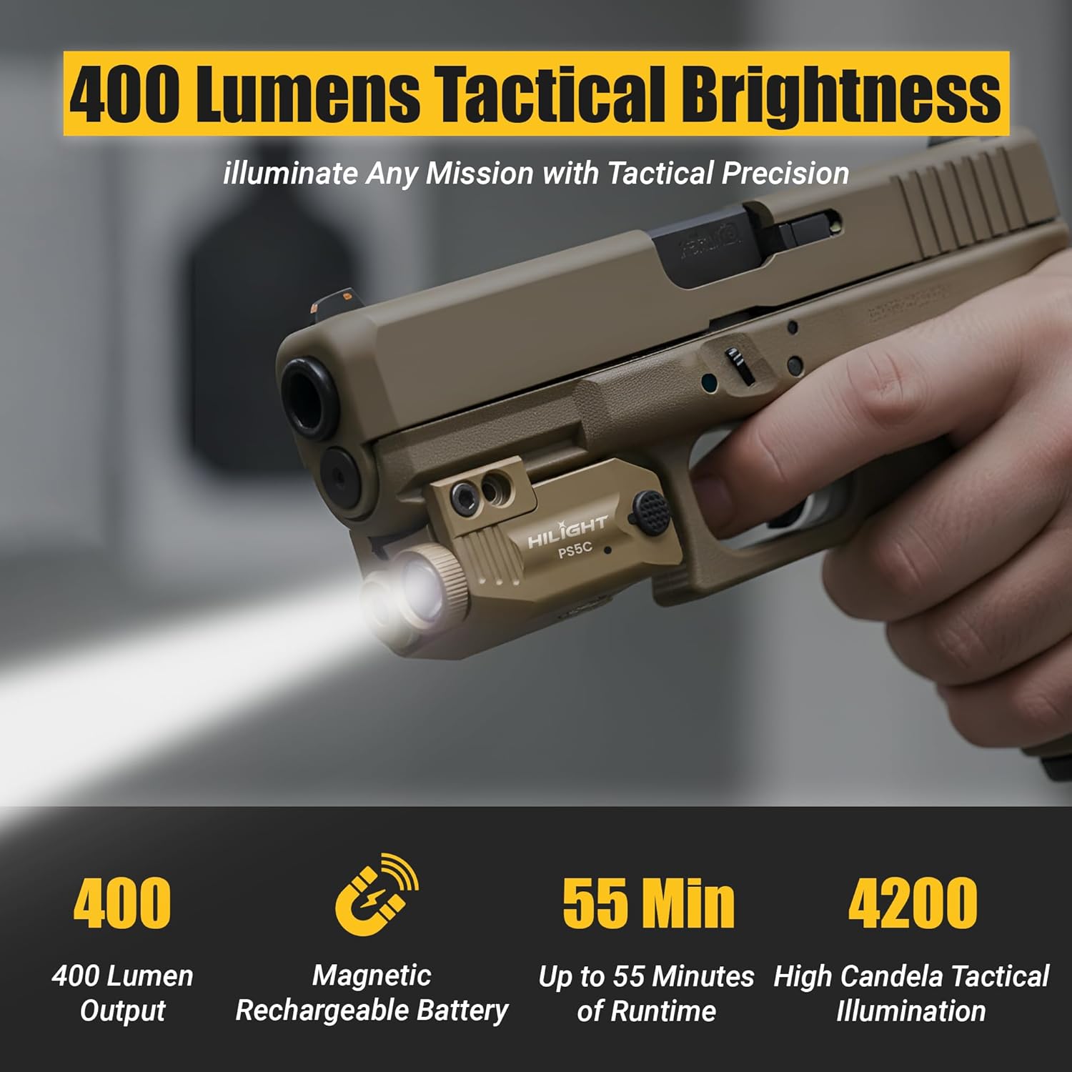 HiLight Tactical PS5C TAN - 400 Lumen Strobe Flashlight & Cyan Laser with Aircraft Aluminum & Magnetic Charger, Rail Light & Laser Class IIIA, <5mW