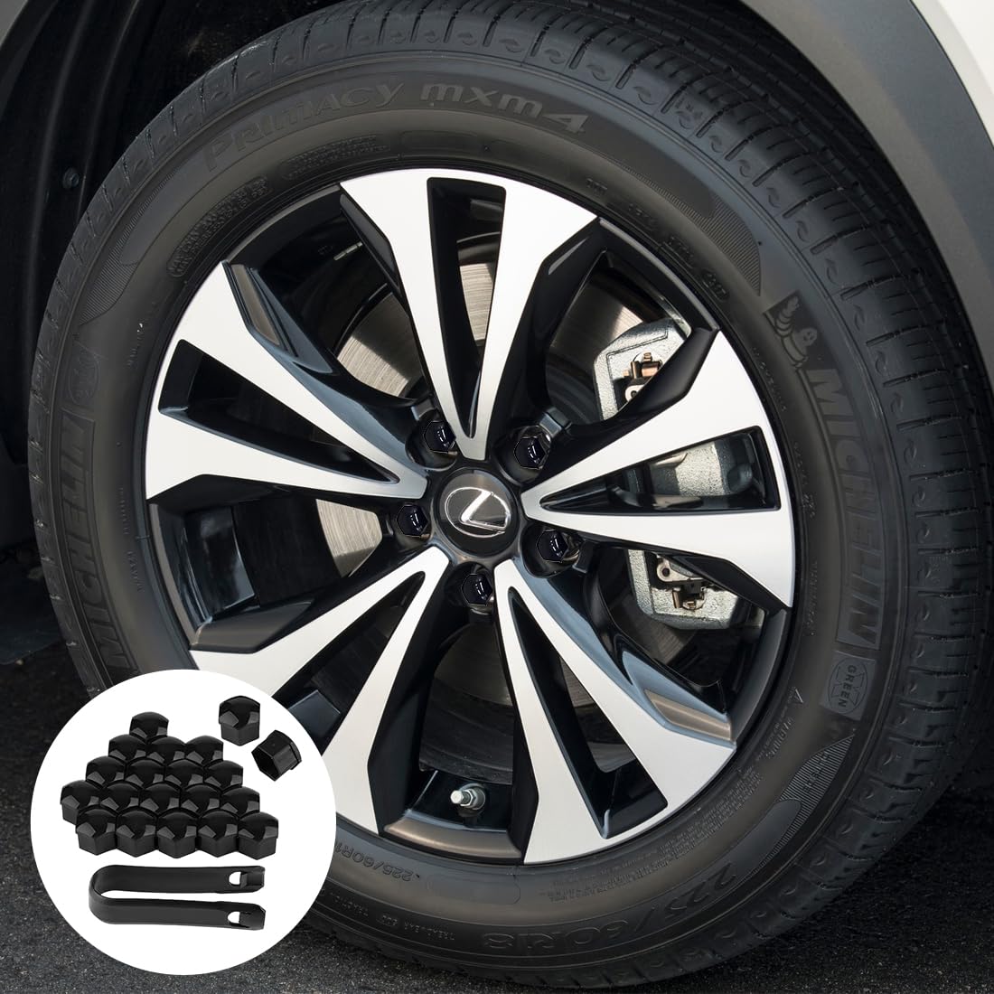 20 Copricerchi Universali Esagonali per Bulloni Ruota con Set di Strumenti di Rimozione Accessori Auto per Esterni (17mm) (Nero)