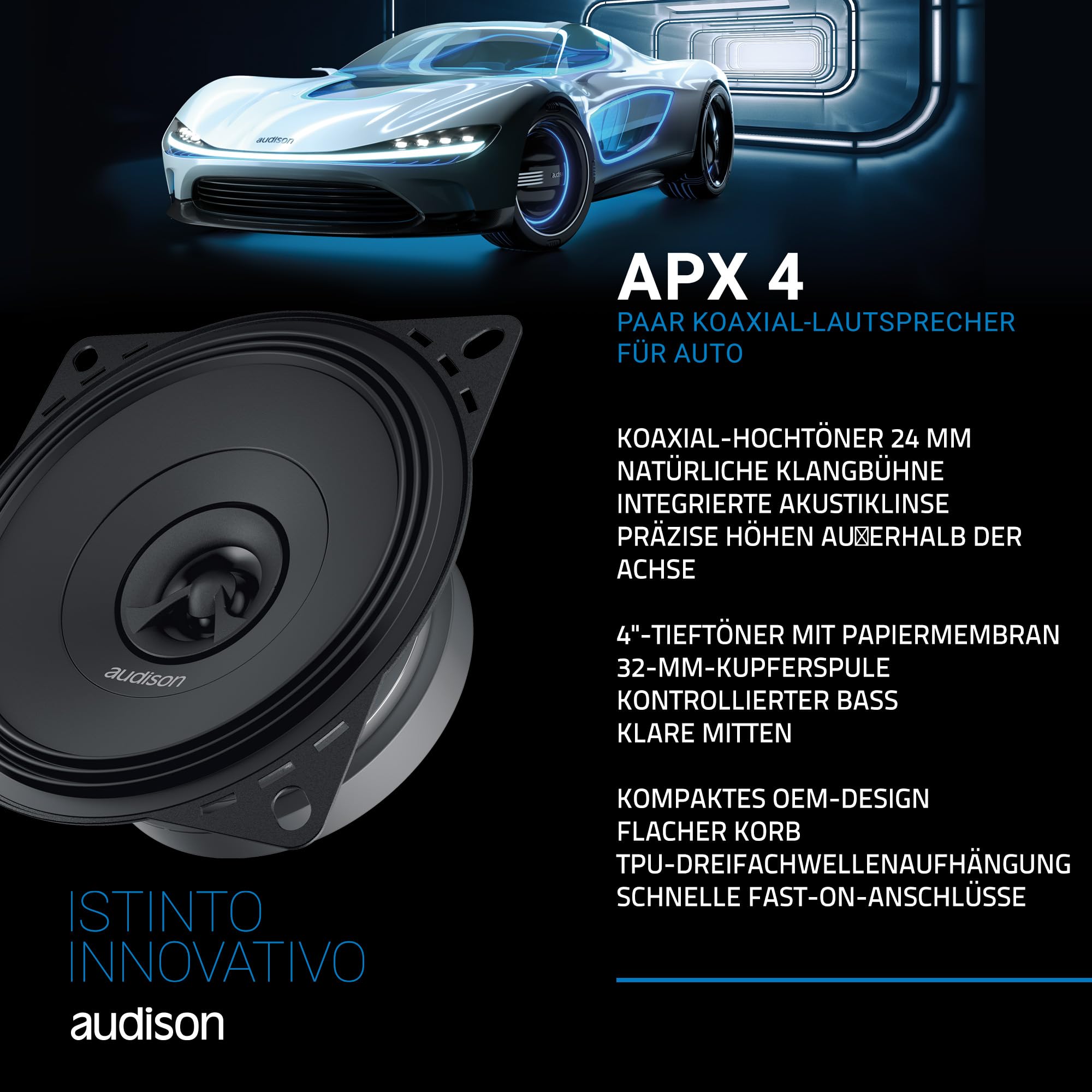 Audison APX 4 Paar 2-Wege-Koaxiallautsprecher 100 mm, 120 W | Hochtöner 24 mm, 4 Zoll, 40 W RMS, 4 Ohm, 91 dB, 80-23000 Hz, Einbautiefe 41 mm