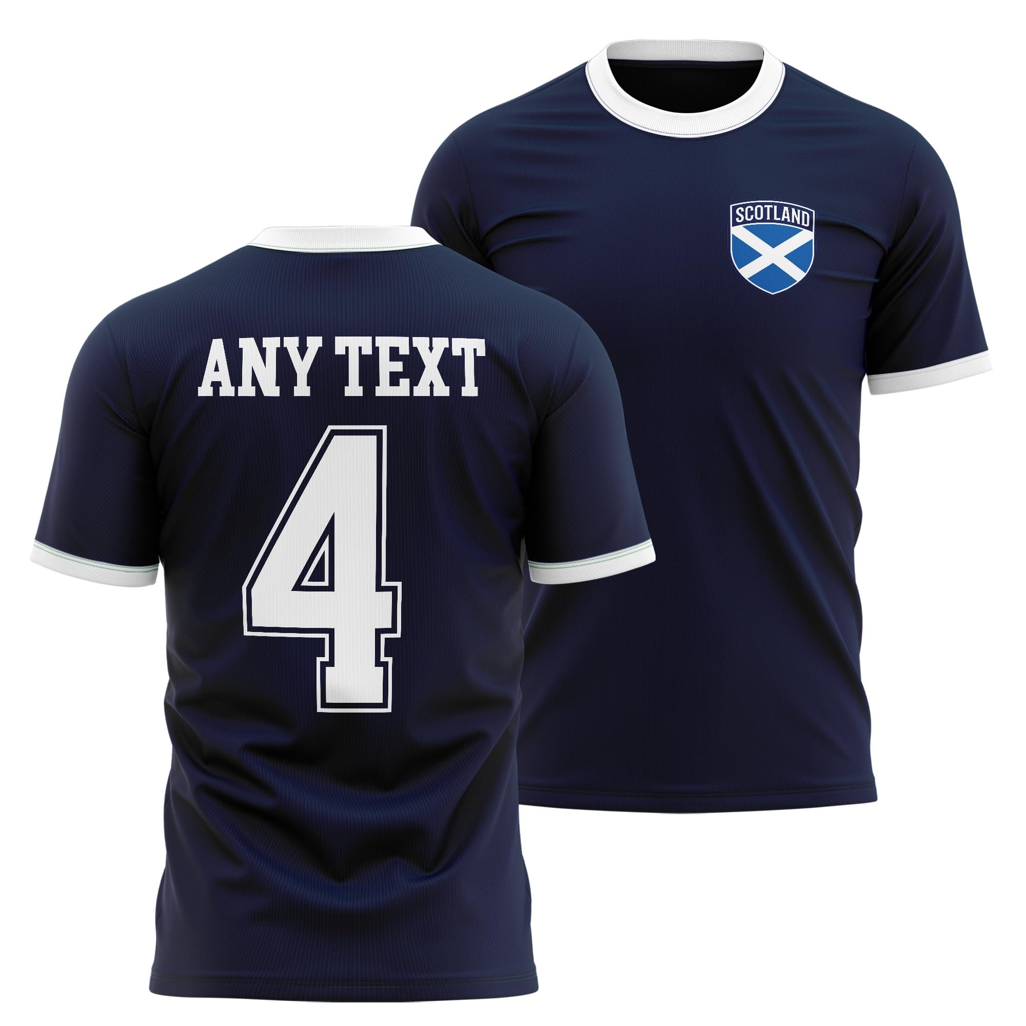 Scotland Mens Ringer T Shirt - Custom Name Number Scottish Blue White Badge Tee - Football Supporter Fan Top, XL, Navy/White