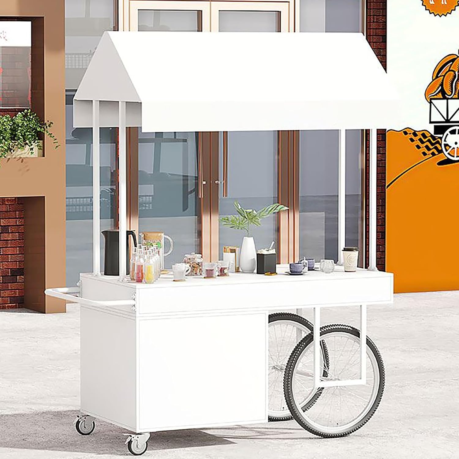 Portable Mobile Street Vendor Food Cart for Business, Dessert and Party Decoration Cart with Canopy Outdoor Stall Display Stand for Market Street Food Events(White,140cm/55in)