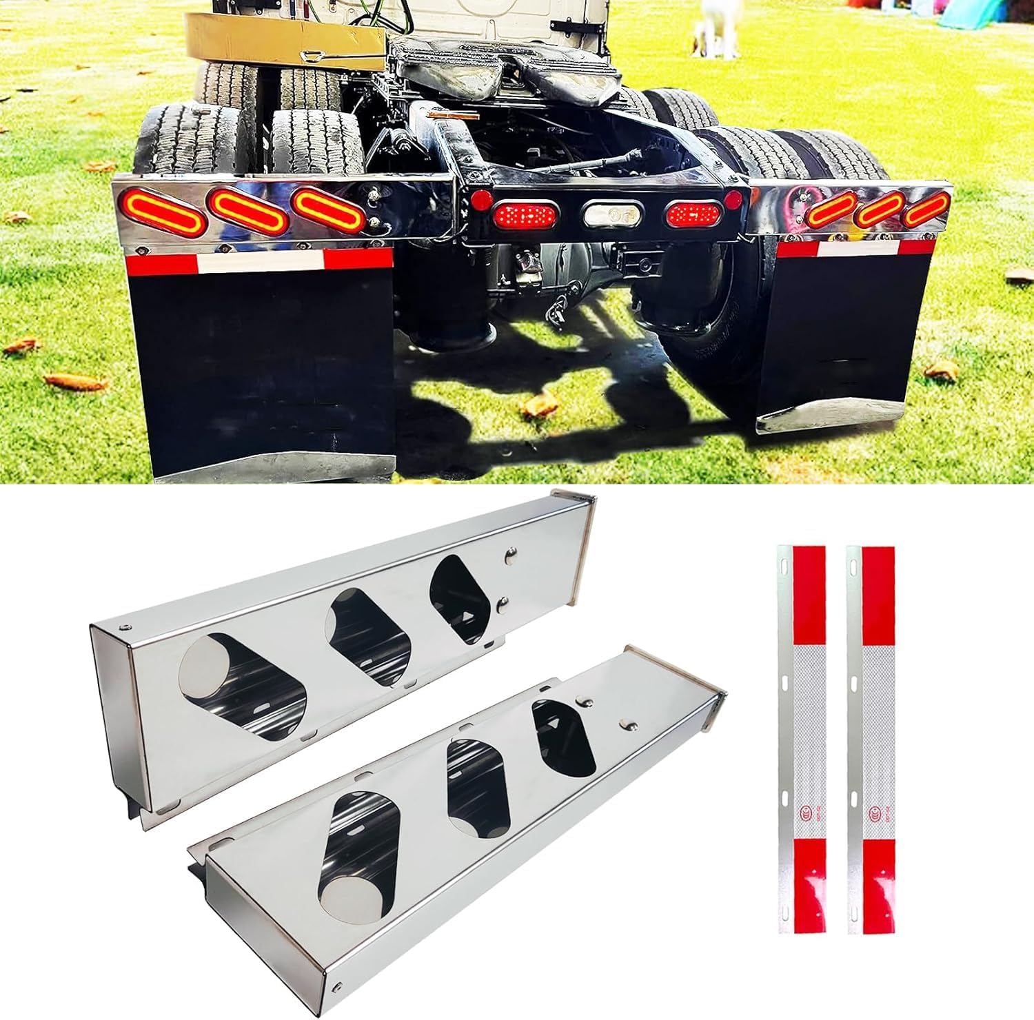 30in Length Stainless Steel Straight Spring Loaded Mud Flap Hanger Bracket Mudflap Holder Set 2.5in Bolt Spacing with Aluminum Reflective Tapes and Light Cutouts fit for Semi Trucks (Oval Cutout)