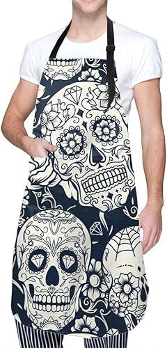 Miniatura 2 de Sugar Skulls - Delantal impermeable para adultos, babero de chef con bolsillo espacioso para cocina, barbacoa, manualidades, dibujo