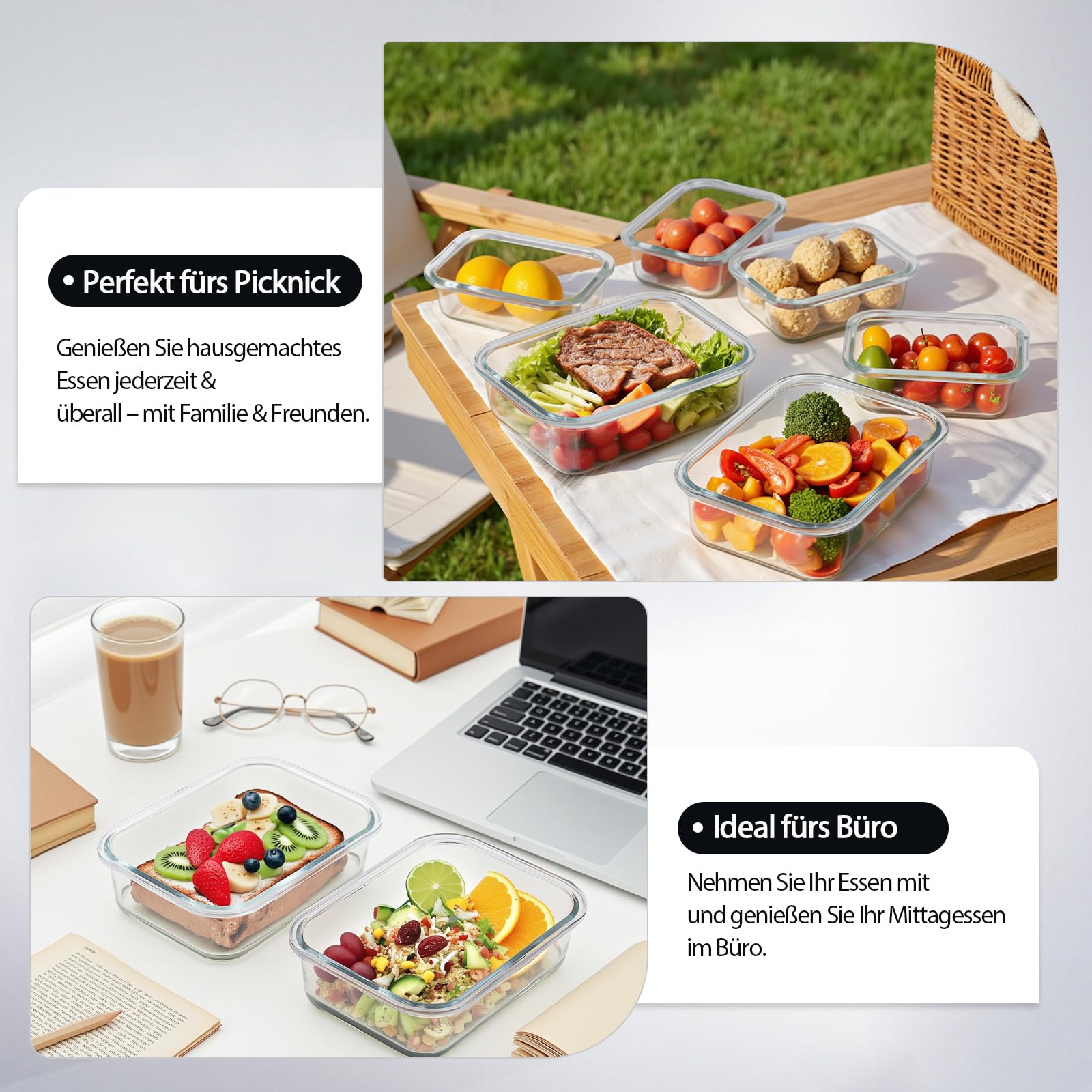 Juego de recipientes de cristal con tapa, 20 piezas (10 recipientes, 10 tapas), aptos para lavavajillas, microondas y congelador, a prueba de fugas, modernos, recipientes para alimentos, recipientes