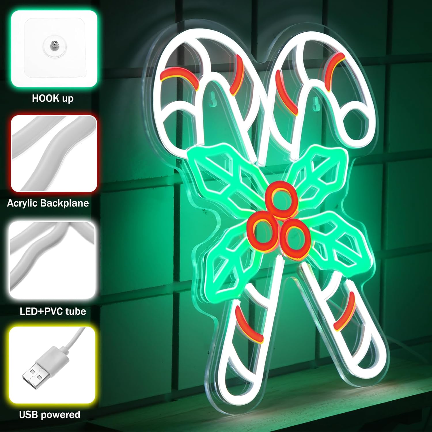 Xuhal Christmas Candy Neon Sign Light 14.2 x 11.8 inches Neon Lights Signs LED Sign USB Powered Home Wall Decor Light Up Acrylic Room Decorations for Bedroom Bar Night Light Art Gift Accessories