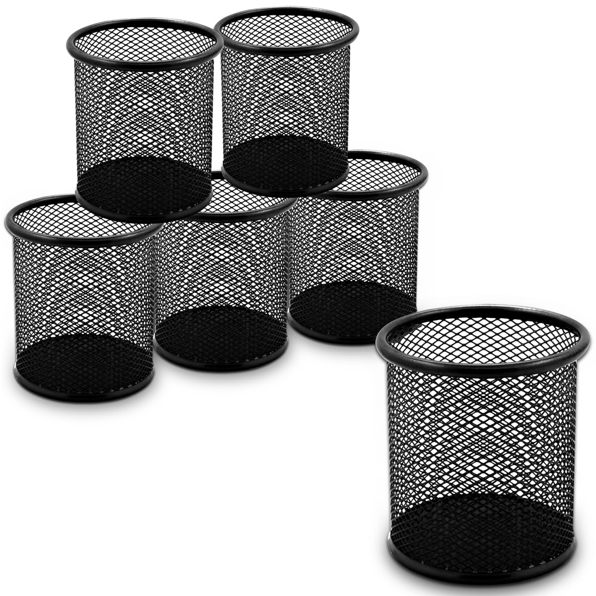 Waytex Set of 6 Round Black Metal Mesh Pen Holder