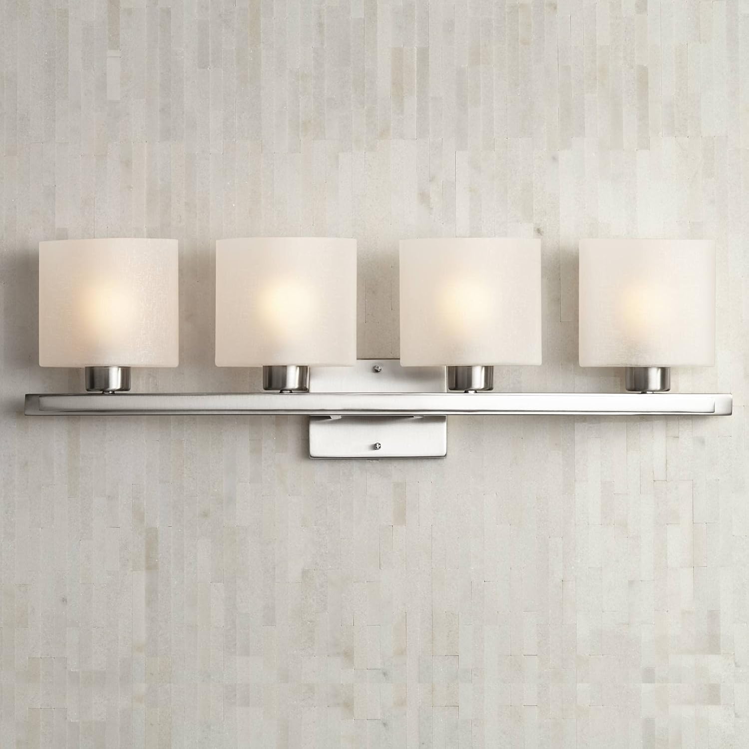 Possini Euro Design Modern Wall Mount Light Brushed Nickel Silver Hardwired 32" Wide 4-Light Fixture Curved Frame White Linen Glass Shade for Bedroom Bathroom Vanity Reading Living Room Hallway