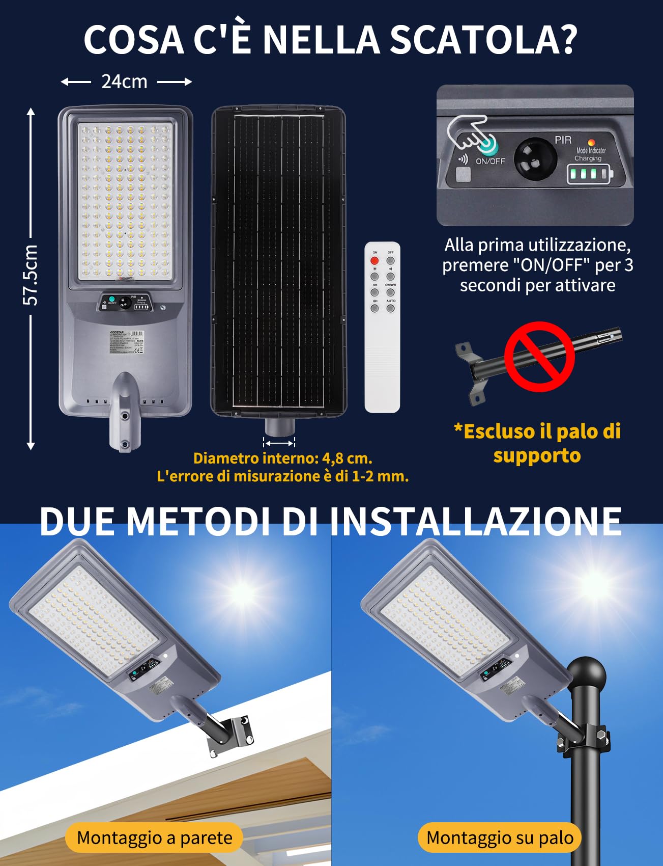 Aigostar 400W Lampione Solare Esterno, Batteria ad alta capacità da 20000 mAh, Regolabili 3000K/4500K/6500K, 4000LM, IP65, Supporto palo non incluso, Lampione LED per Giardino,Ingressi di Garage,2Pz