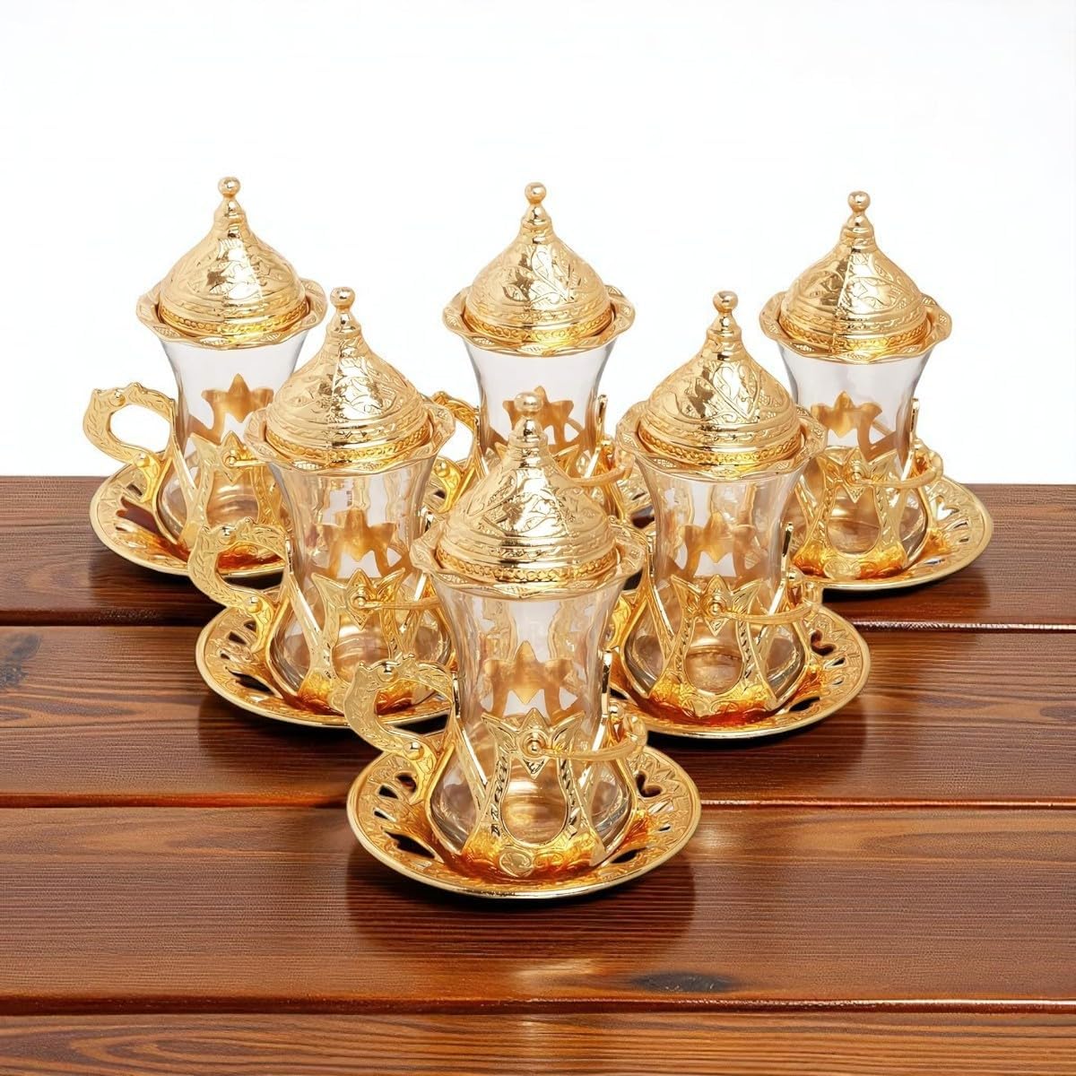 Alisveristime (Set of 6 Handmade Turkish Tea Water Zamzam Serving Set Glasses Saucer and Spoon (Gold)