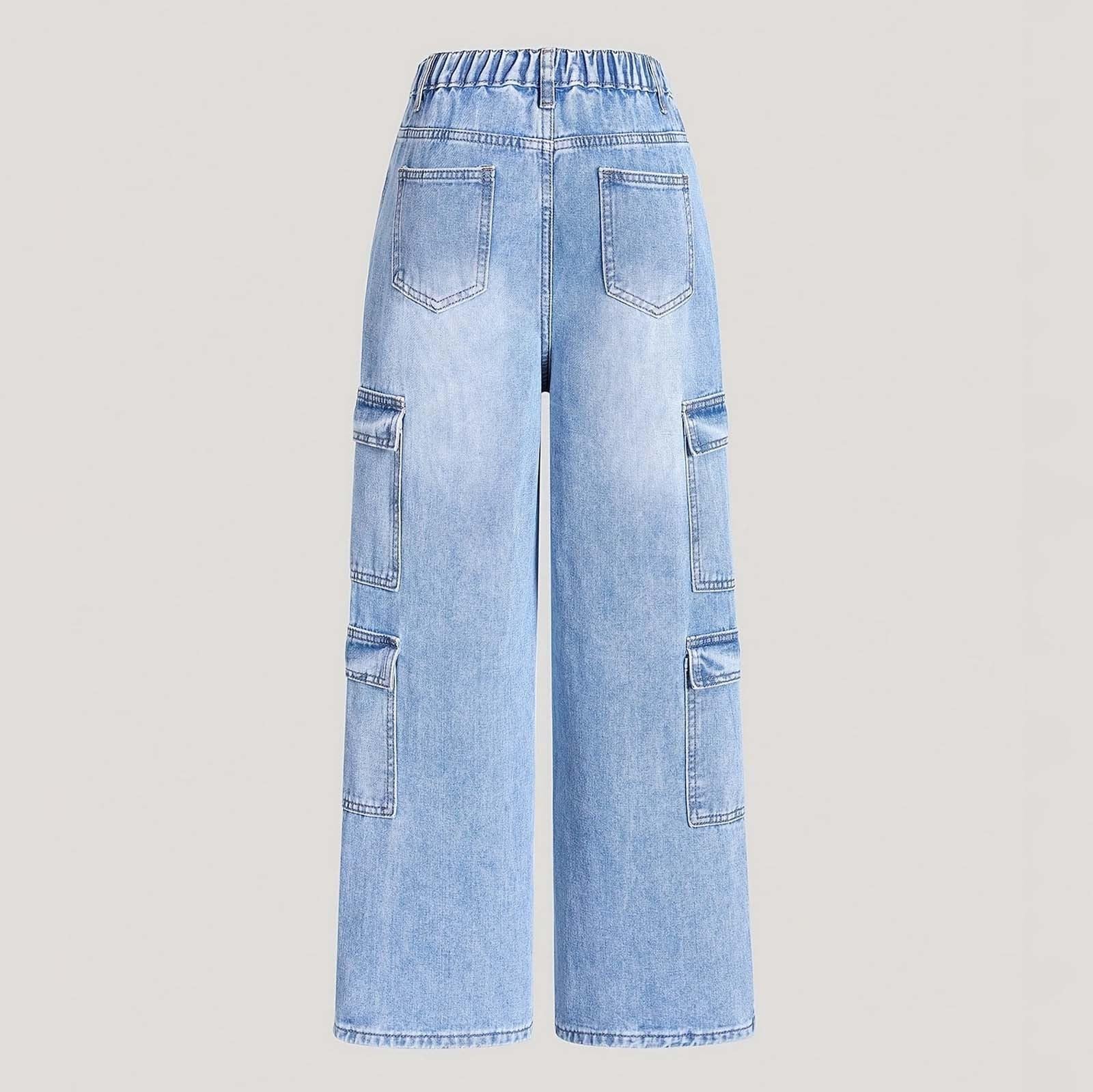Jeans Larghi per Ragazze - Jeans Cargo per Ragazze Pantaloni in Denim Lavato Effetto Consumato con Tasche Multiple Pantaloni Estivi Comodi e Larghi per Bambine dai 6 ai 13 Anni