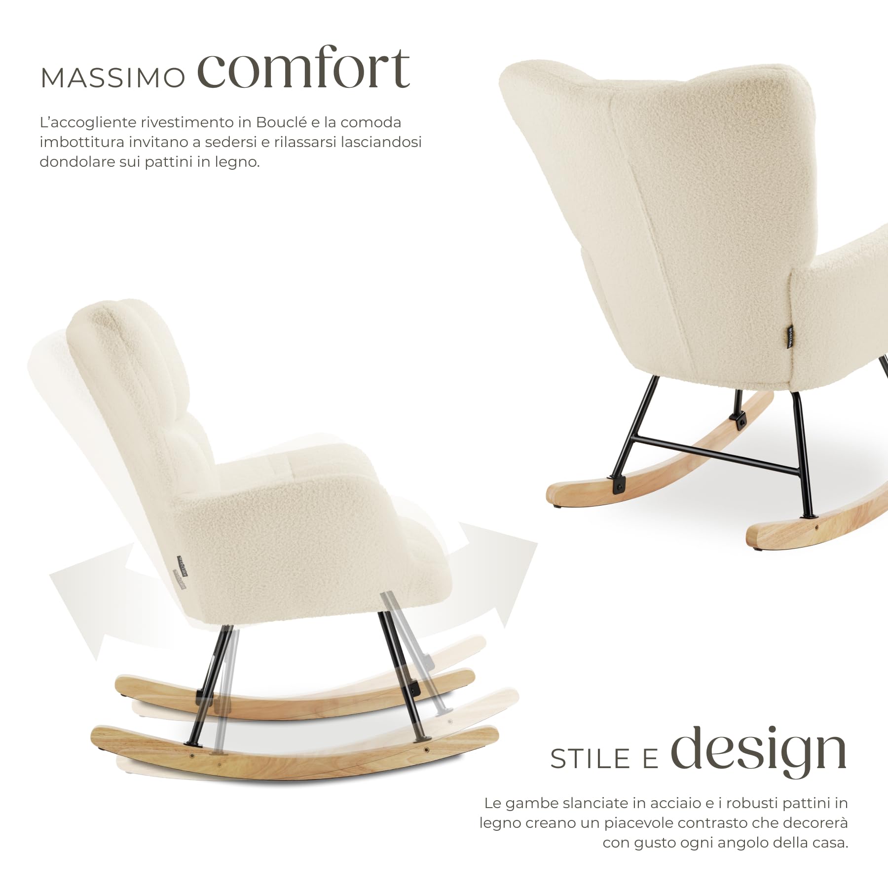 tectake® Sedia A Dondolo, Imbottitura in Gommapiuma, Motivo Trapuntato, Schienale Alto, Braccioli Larghi, Telaio in Acciaio, Pattini In Legno Massiccio, Design Moderno - Beige