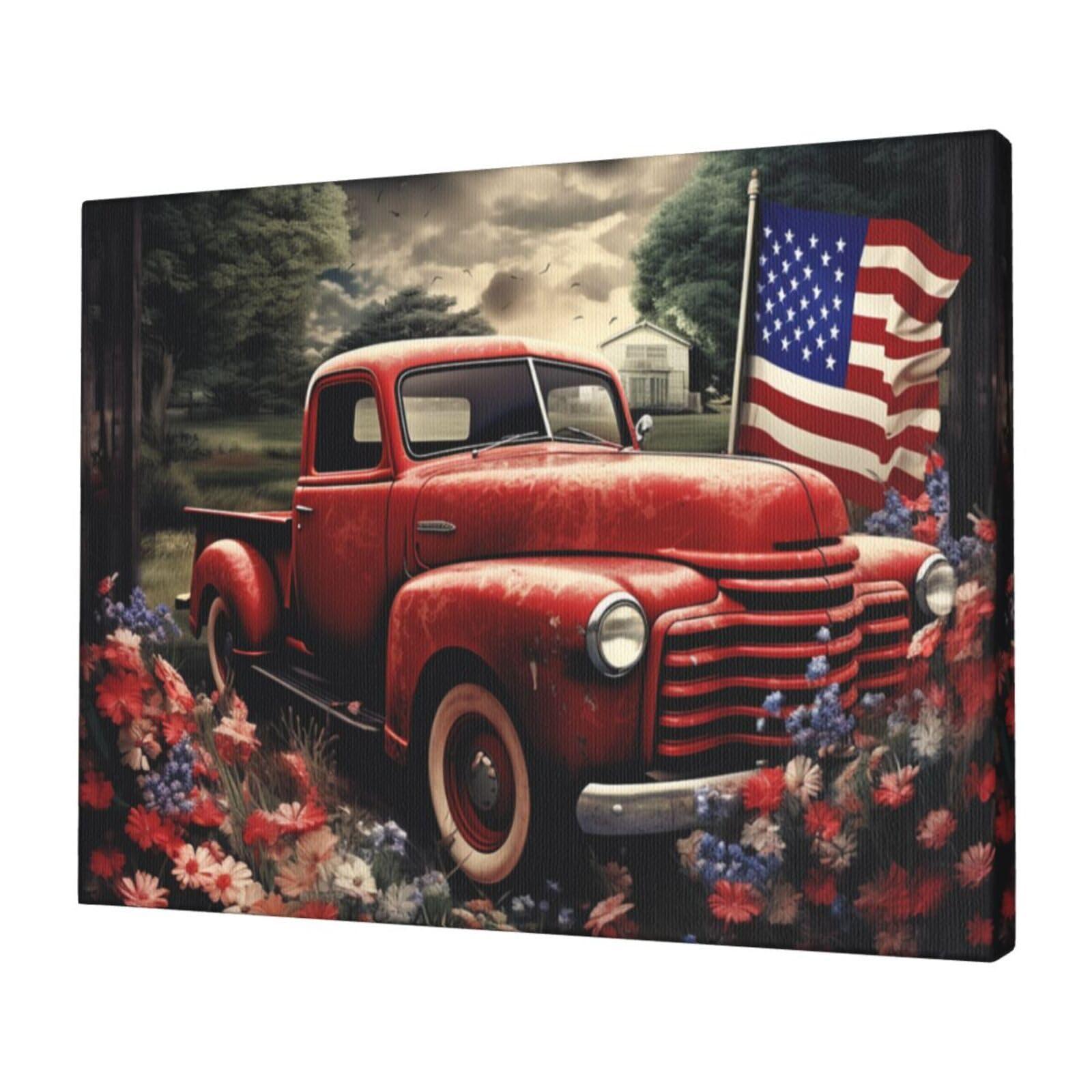 KLOPH 4th Of July Patriotic Old Red Truck Canvas Wall Art for Living Room 12"x16" Modern Artwork Painting for Bathroom Hanging Canvas Prints Aesthetic Wallart for Bedroom Kitchen Office Wall Decor