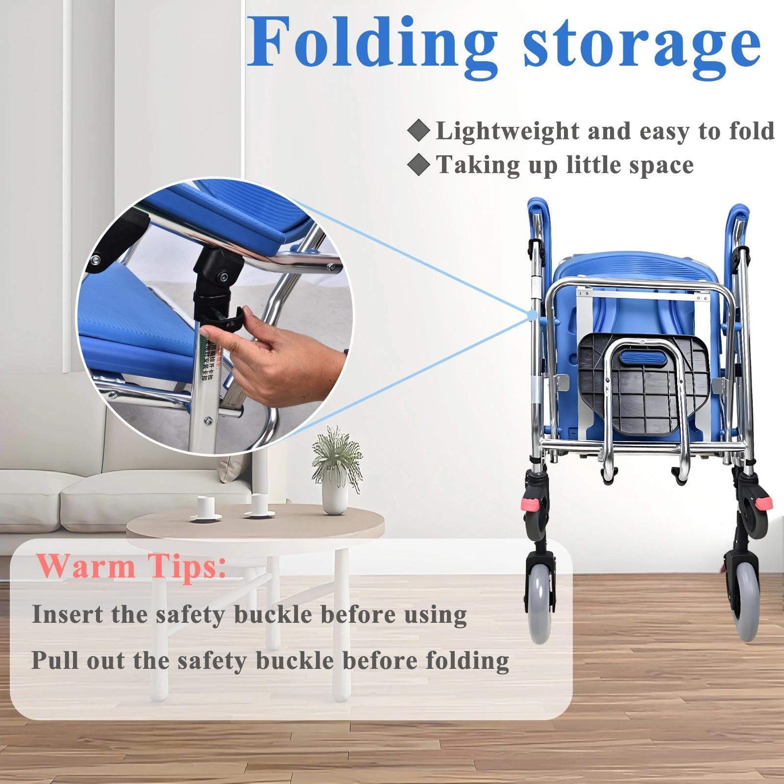Silla Ducha con Ruedas para Personas Mayores, Azul Silla Ducha Plegable WC Portátil, 4 en 1 Silla con Inodoro Incorporado y 4 Ruedas de Bloqueo para Adultos, Capacidad de 150kg