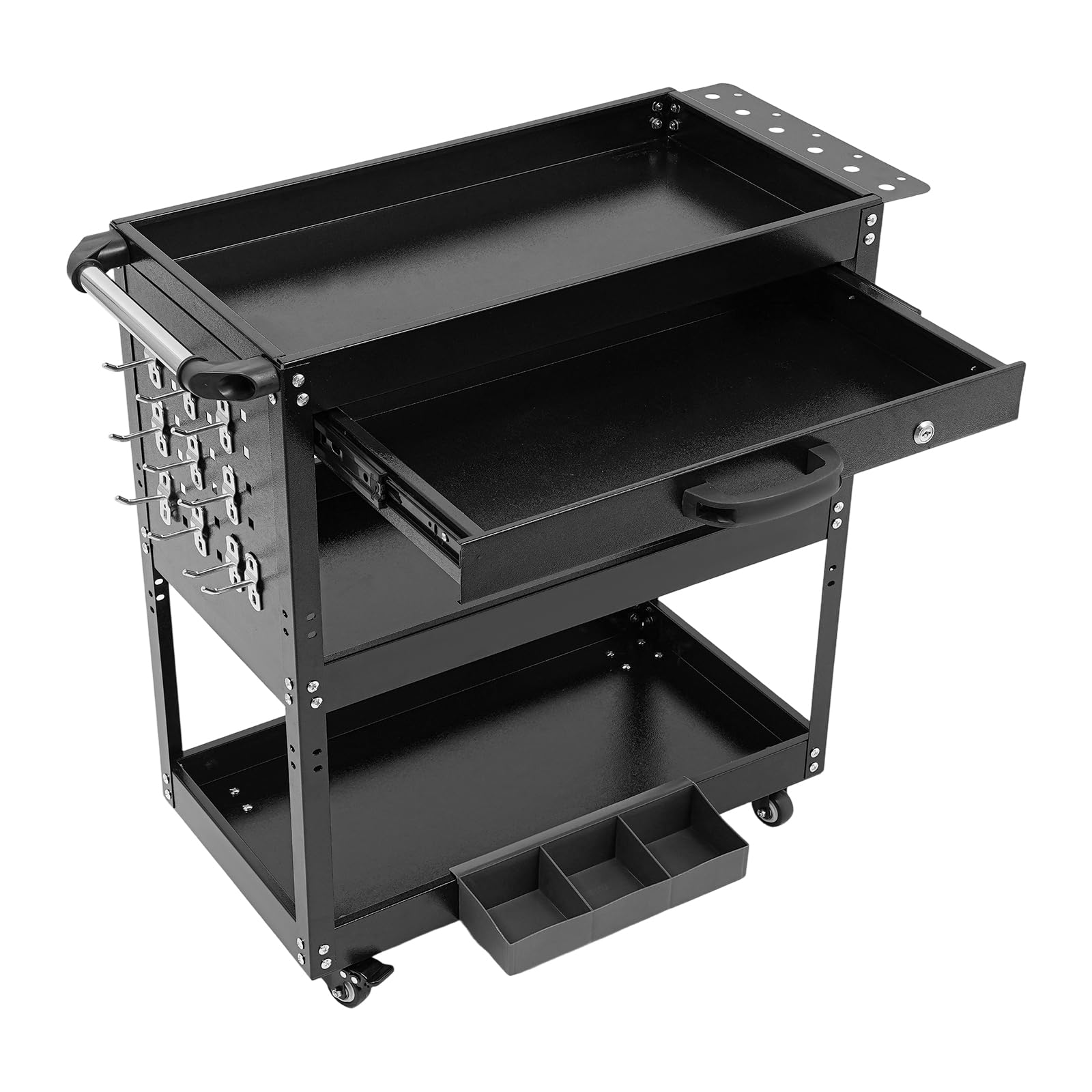 Carro de herramientas de 3 niveles, capacidad de carga de 150 kg, carro de taller con caja de almacenamiento y llaves, carro de herramientas móvil, para mantenimiento de coches, garajes, estudios, etc