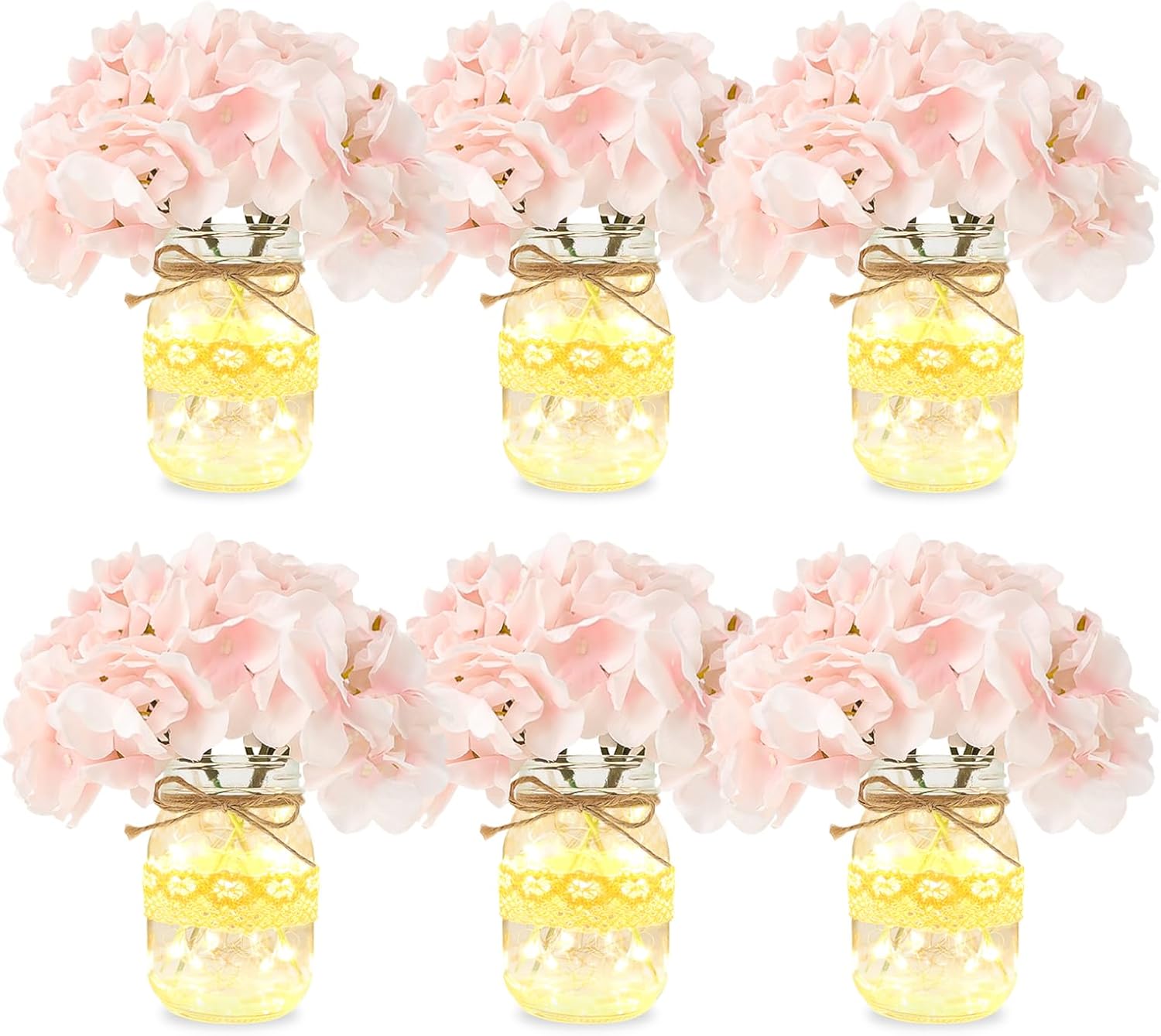 Mason Jar Table Centerpiece Set of 3 with Lights Pink Hydrangea artificial Flowers for Engagement Party Bridal Shower Centerpieces Wedding Christmas Thanksgiving Party Reception Table Decor