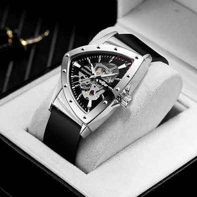 Skeleton Watches for Men, Automatic Mechanical Watch with Triangle Dial, Luminous Self Winding Watches Soft Silicone Strap