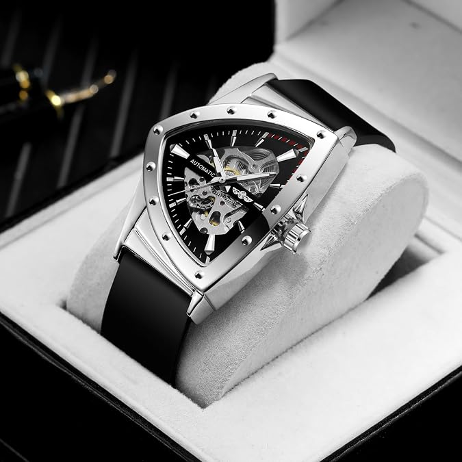 Skeleton Watches for Men, Automatic Mechanical Watch with Triangle Dial, Luminous Self Winding Watches Soft Silicone Strap