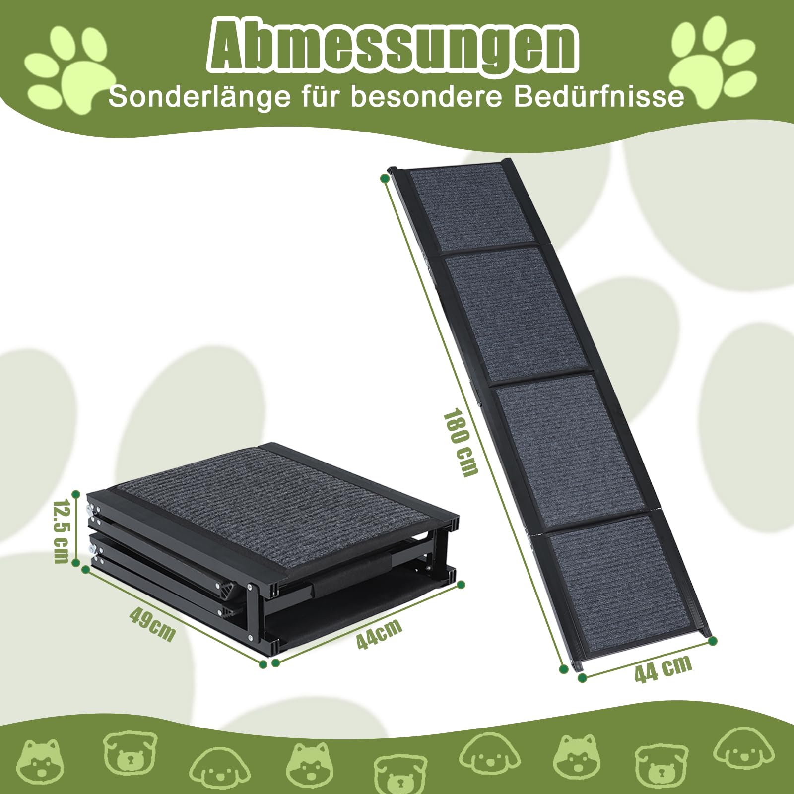 SMONTER 180cm Extra Long Hunderampe Auto klappbar mit High Traction Teppichoberfläch, einstiegshilfe Hunderampe für Autos, LKWs und SUV Stabil Rampe Hund für Große Und Mittel Hunde, Schwarz