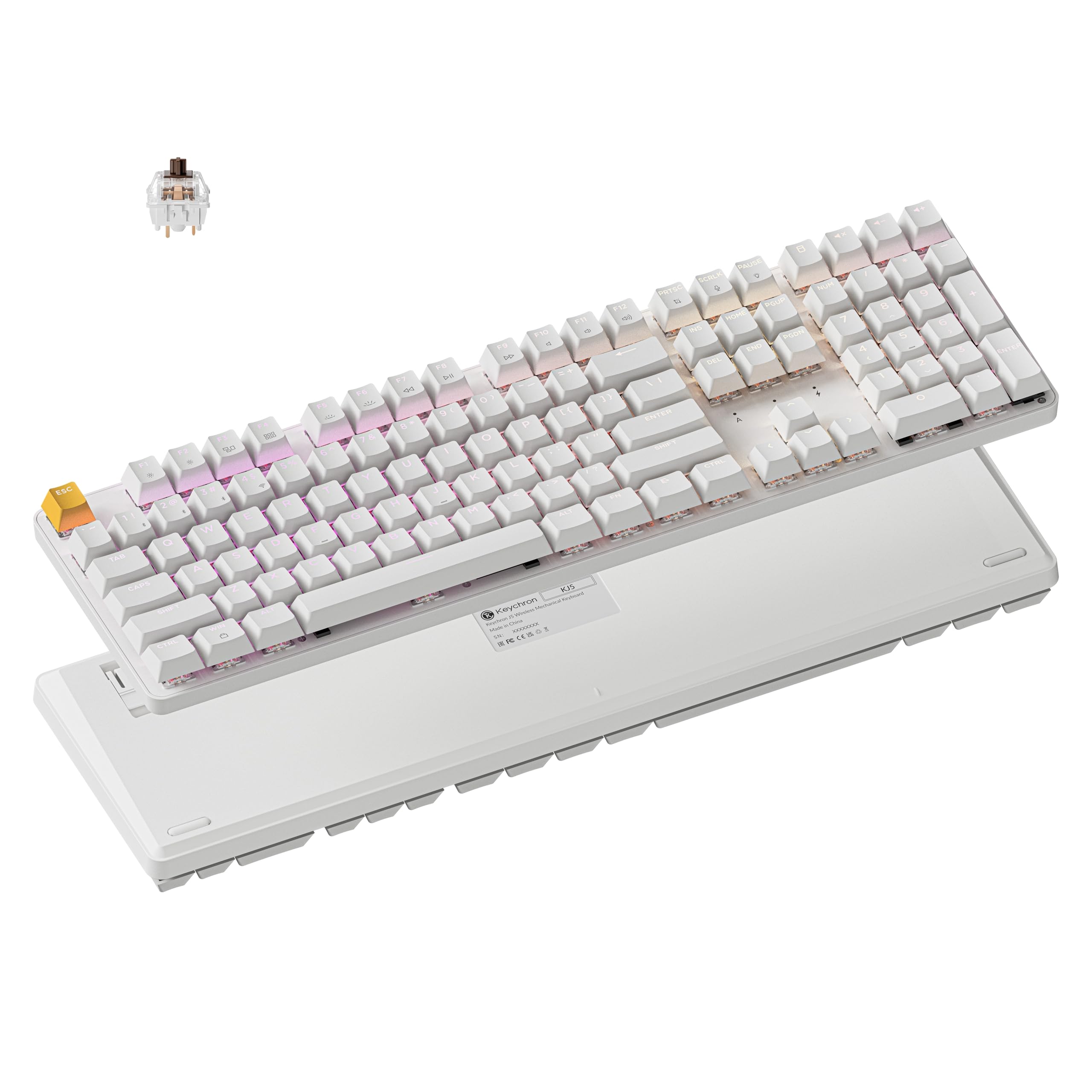 Keychron KJ5 Wireless Mechanical Keyboard - 100% Full-Size Layout Brown Switch, QMK RGB Backlit, 2.4G/Bluetooth/USB-C, Double-Shot Cherry PBT Keycaps, 3750mAh Battery, Mac/Win/Linux Compatible - White